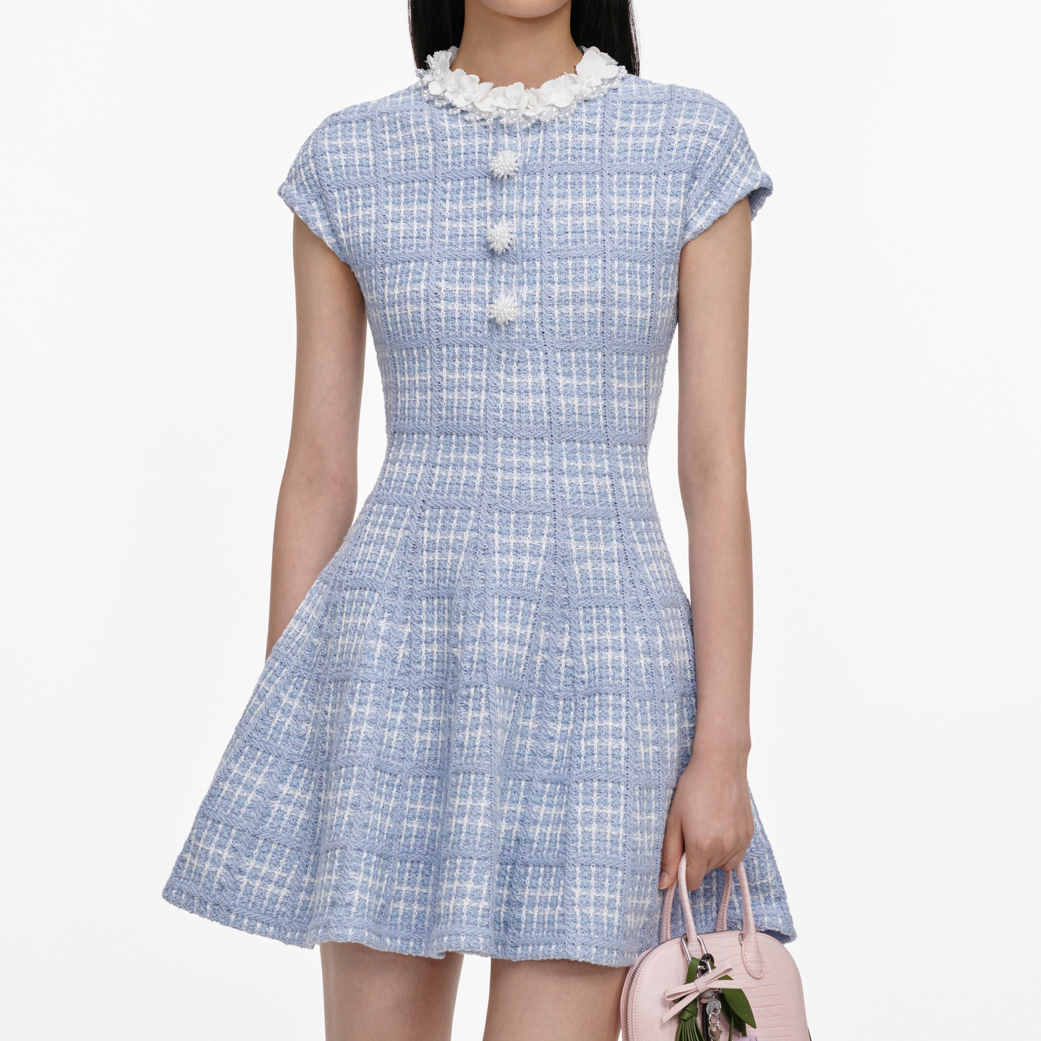 Self Portrait Blue Check Knit Minikleid Blau XS-L Perlen Taschen