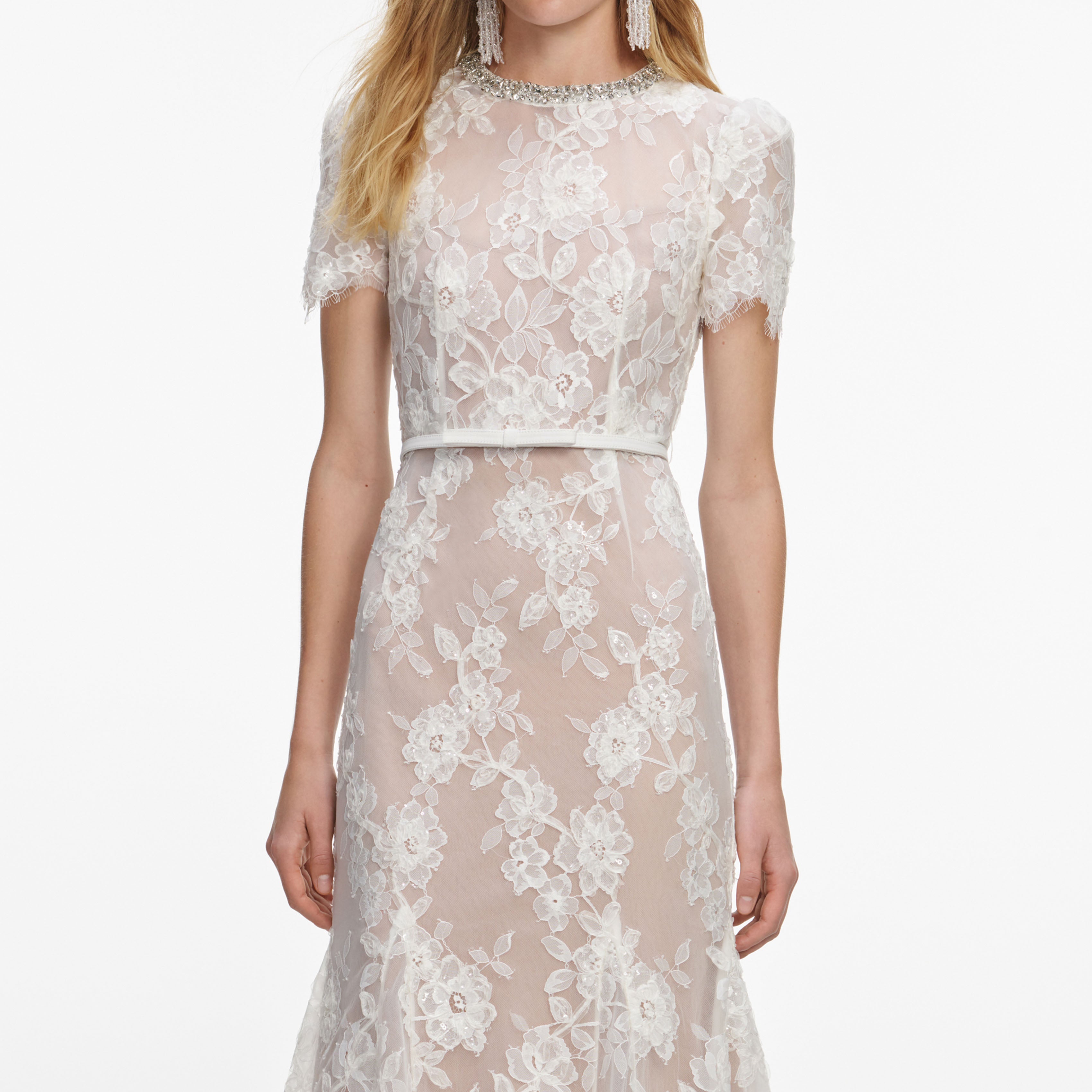 Self Portrait White Sequin Lace Midikleid Weiß Spitze