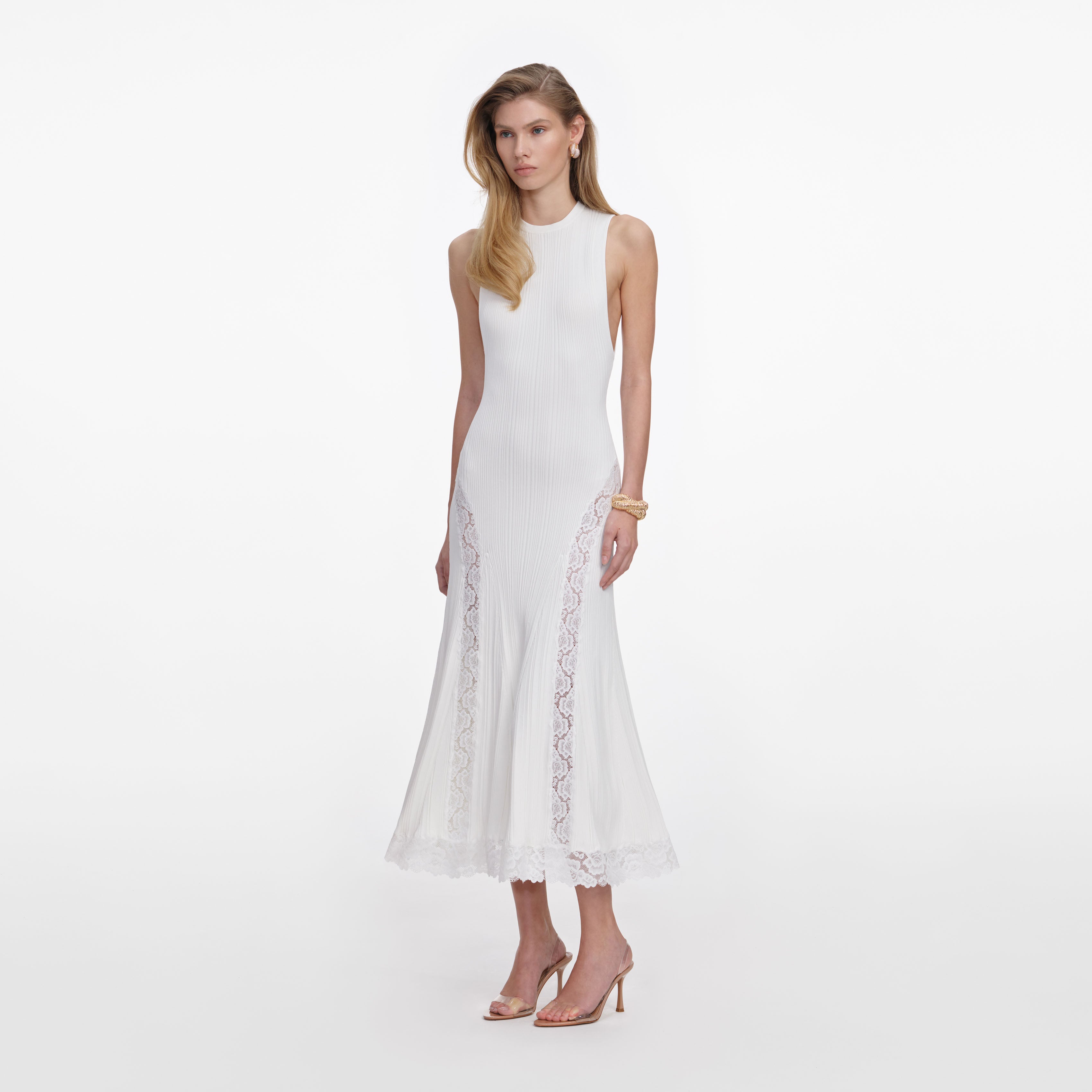 Self Portrait White Knit Lace Midi Kleid Weiß S Spitze Stretch