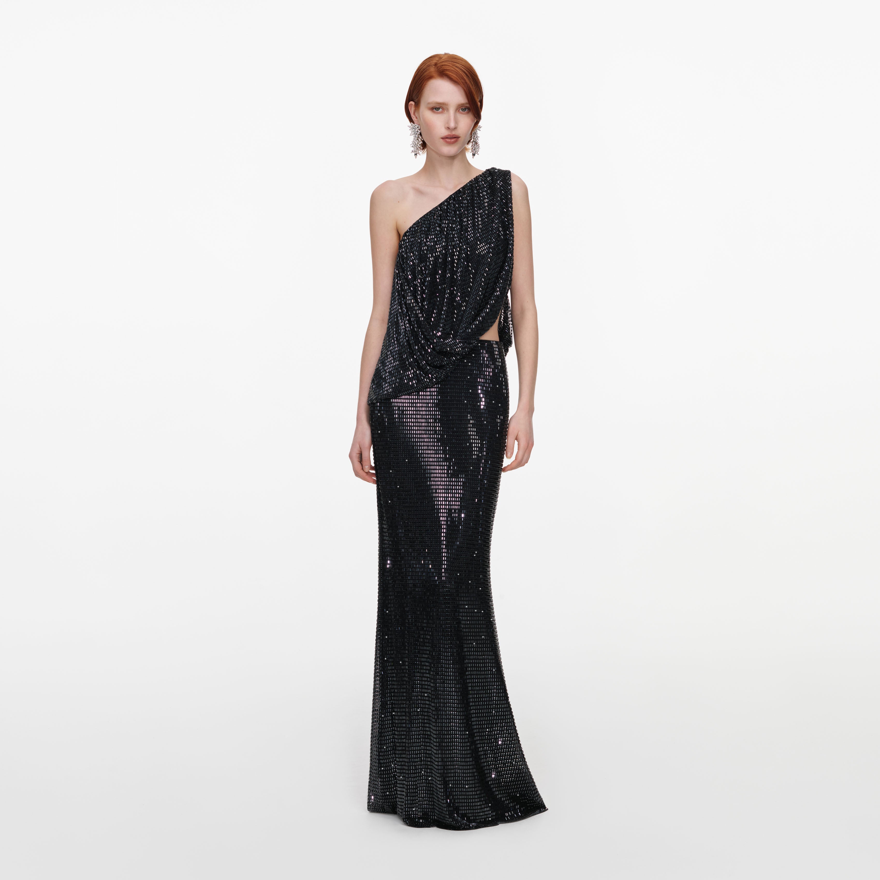 Self Portrait Black Rhinestone One Shoulder Maxikleid Schwarz UK 8