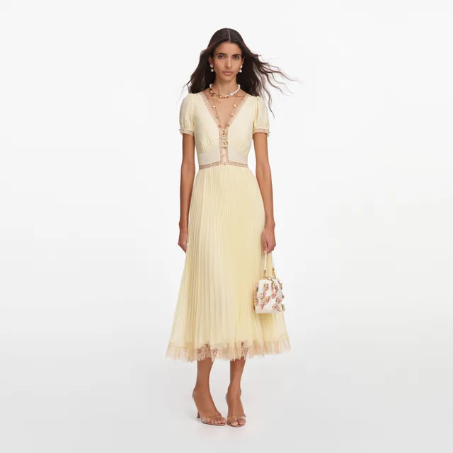 Self-Portrait Yellow Viscose Pleated Lace Midi Kleid Gelb Plissee