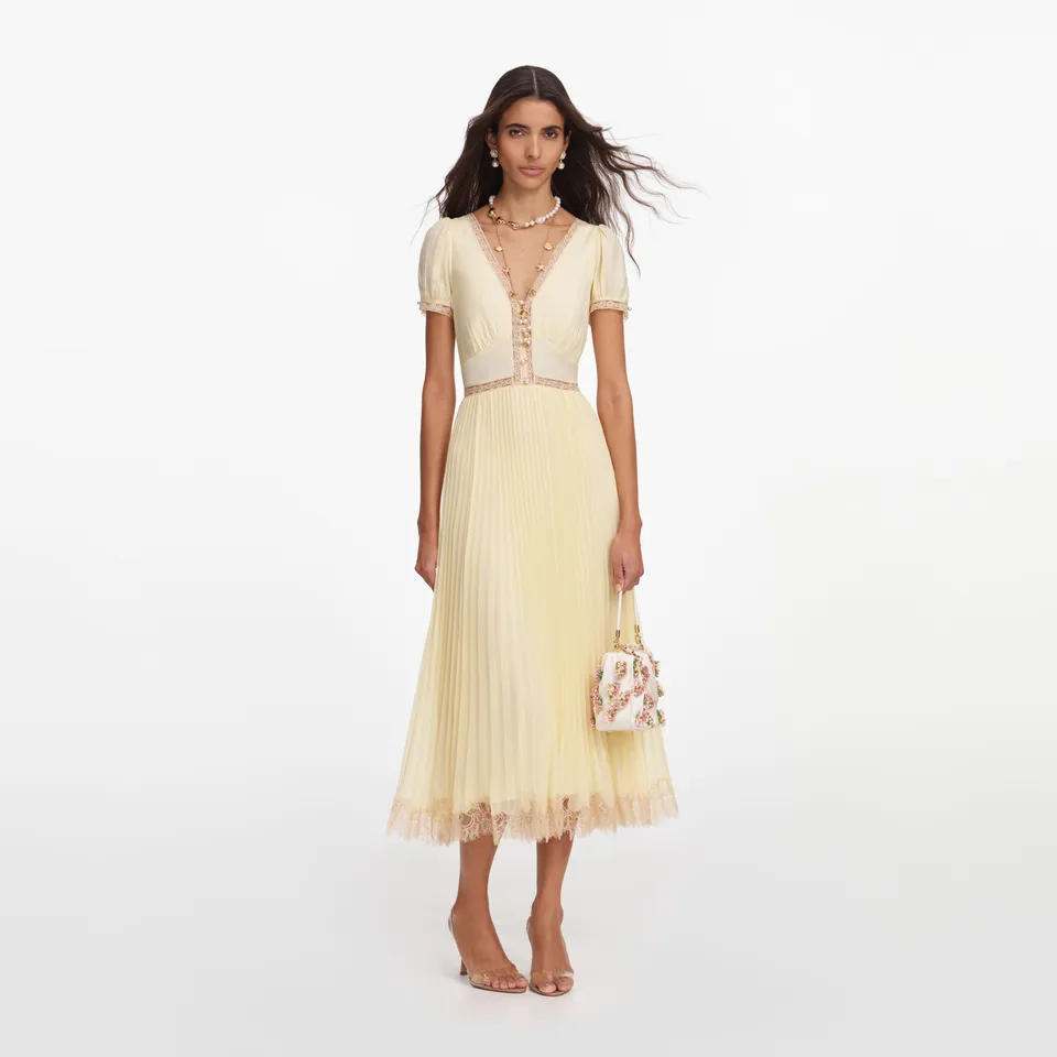 Self-Portrait Yellow Viscose Pleated Lace Midi Kleid Gelb Plissee