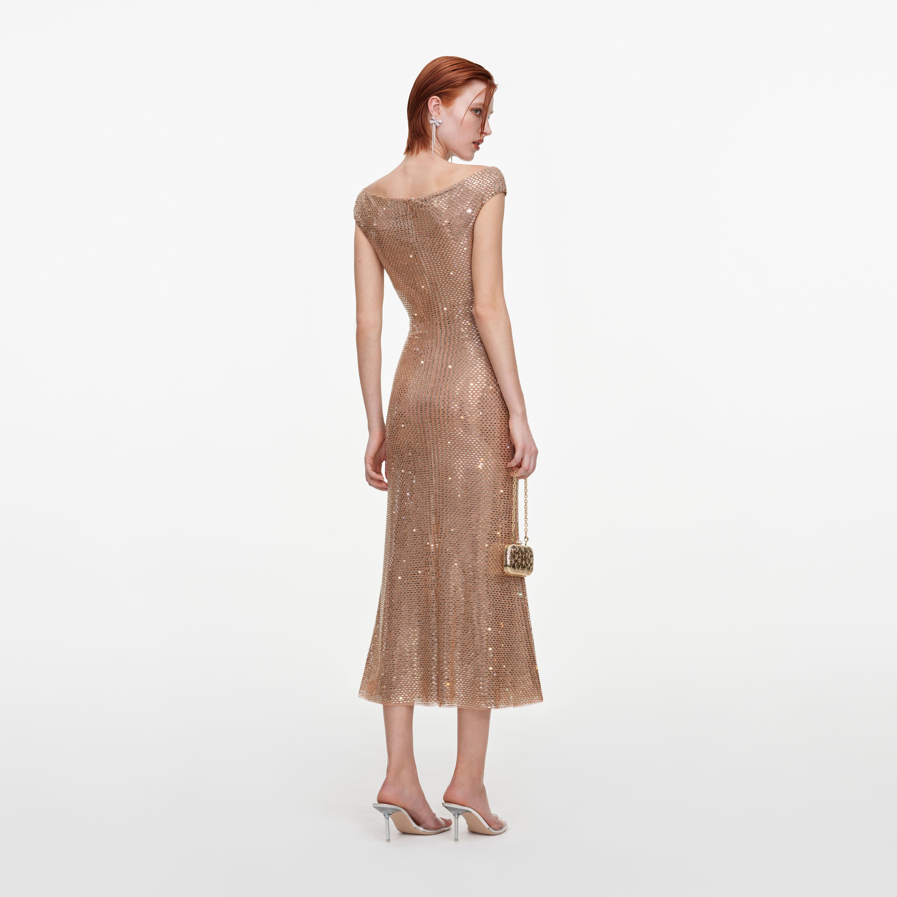 Self Portrait Gold Rhinestone Off-Shoulder Midikleid gold