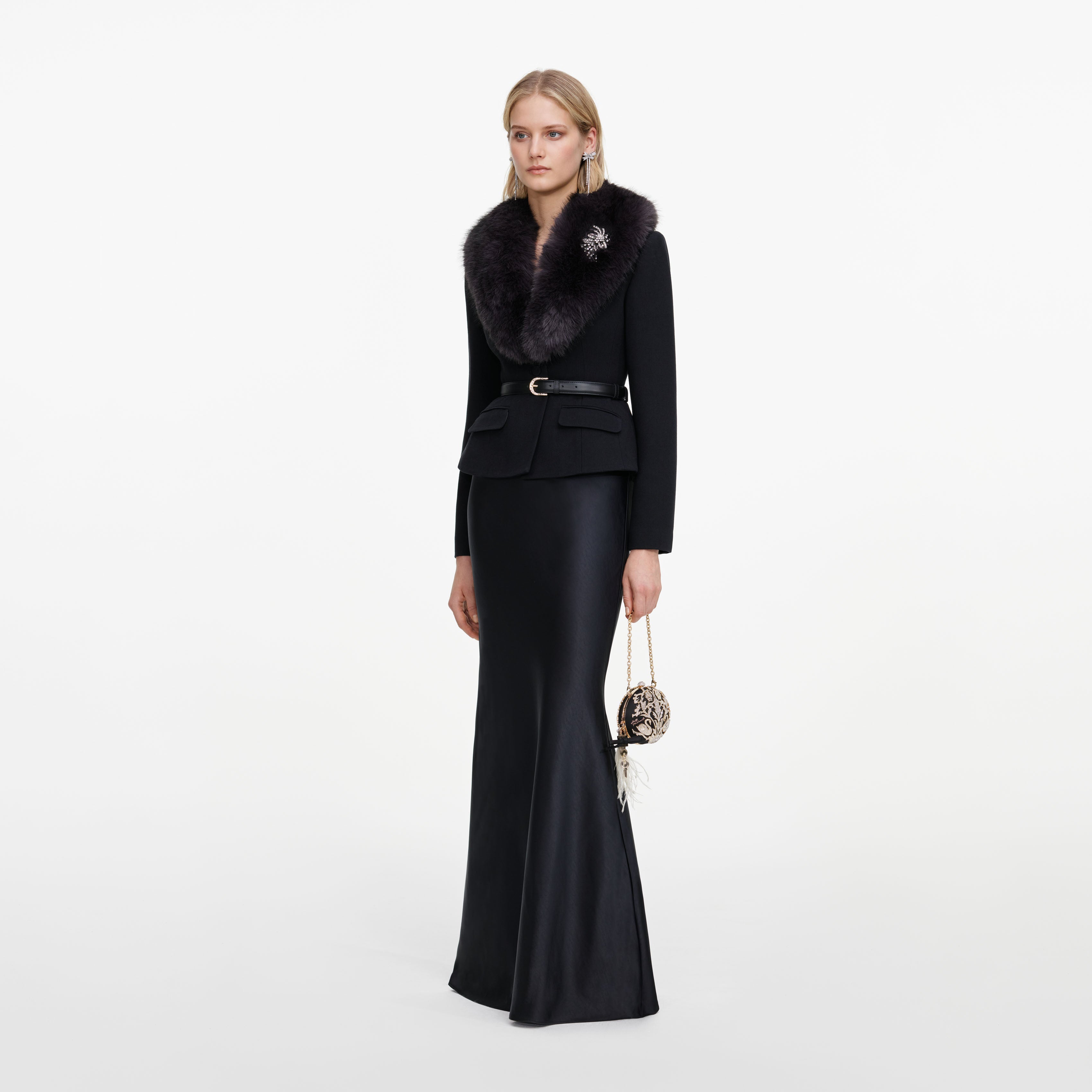 Self Portrait Black Tailored Fur Collar Maxikleid Schwarz