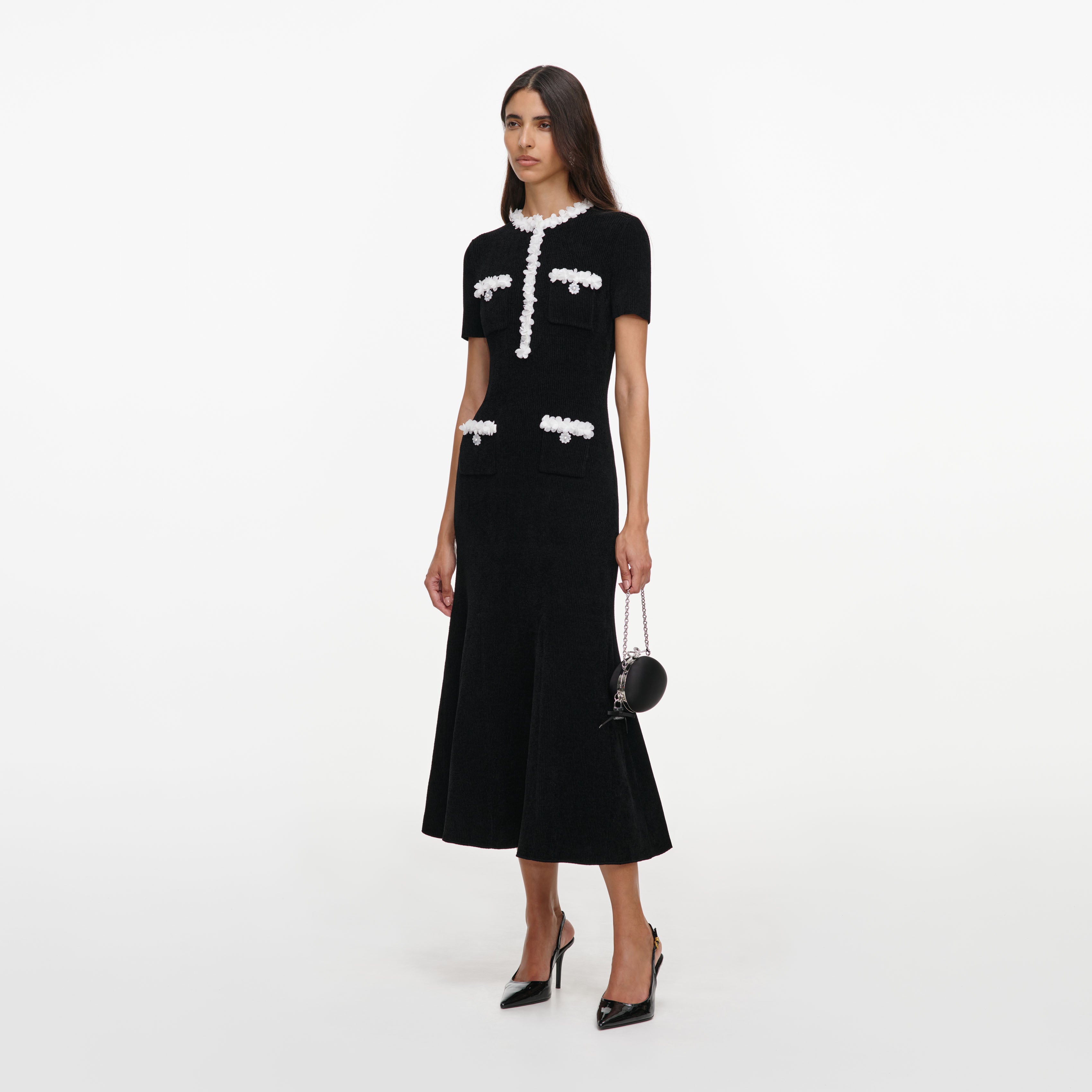 Self Portrait Chenille Flower Trim Midi Kleid schwarz S
