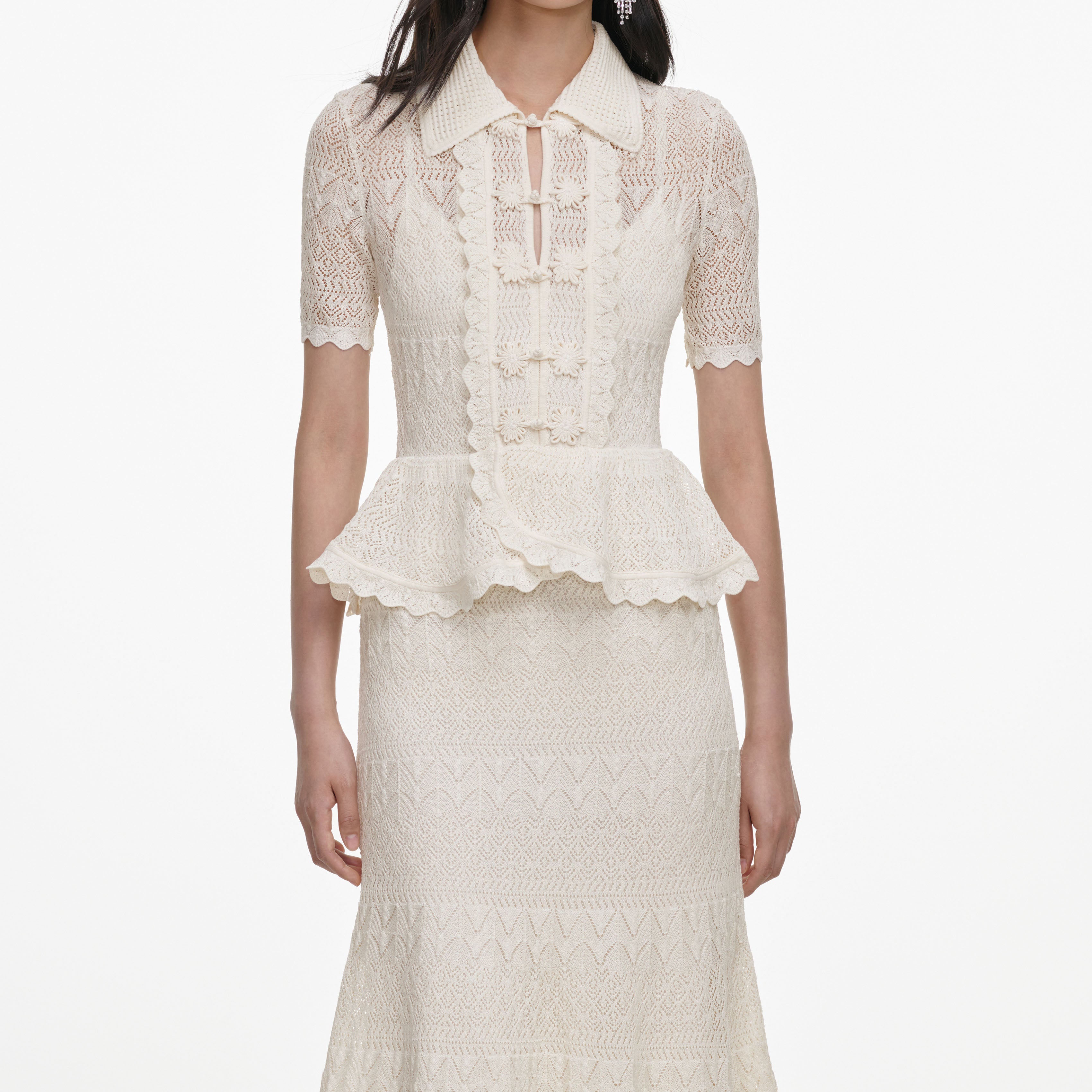 Self Portrait Cream Pointelle Knit Wrap Midi Kleid Creme