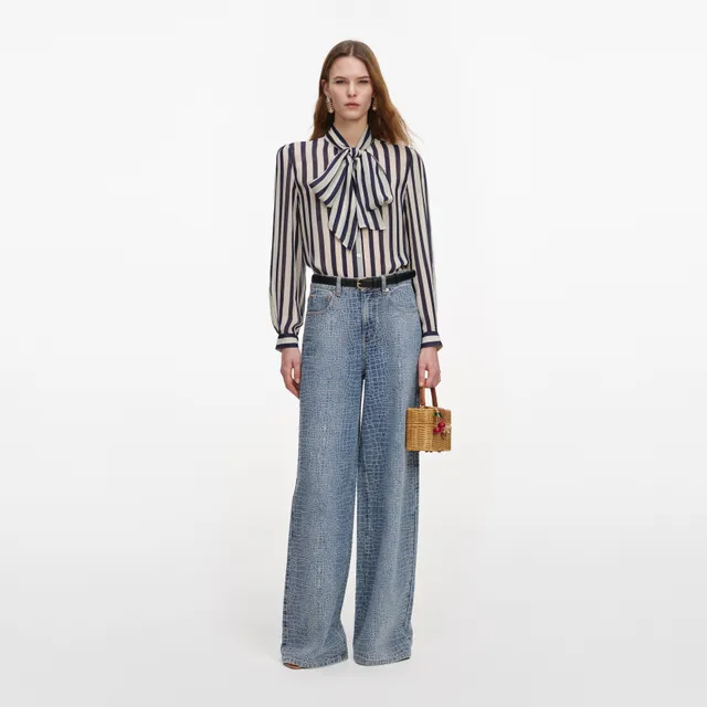 Self Portrait Navy Stripe Tie Neck Bluse Damen Georgette