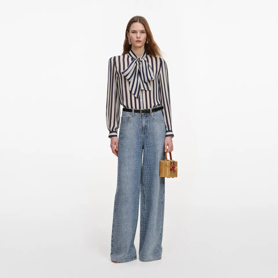 Self Portrait Navy Stripe Tie Neck Bluse Damen Georgette
