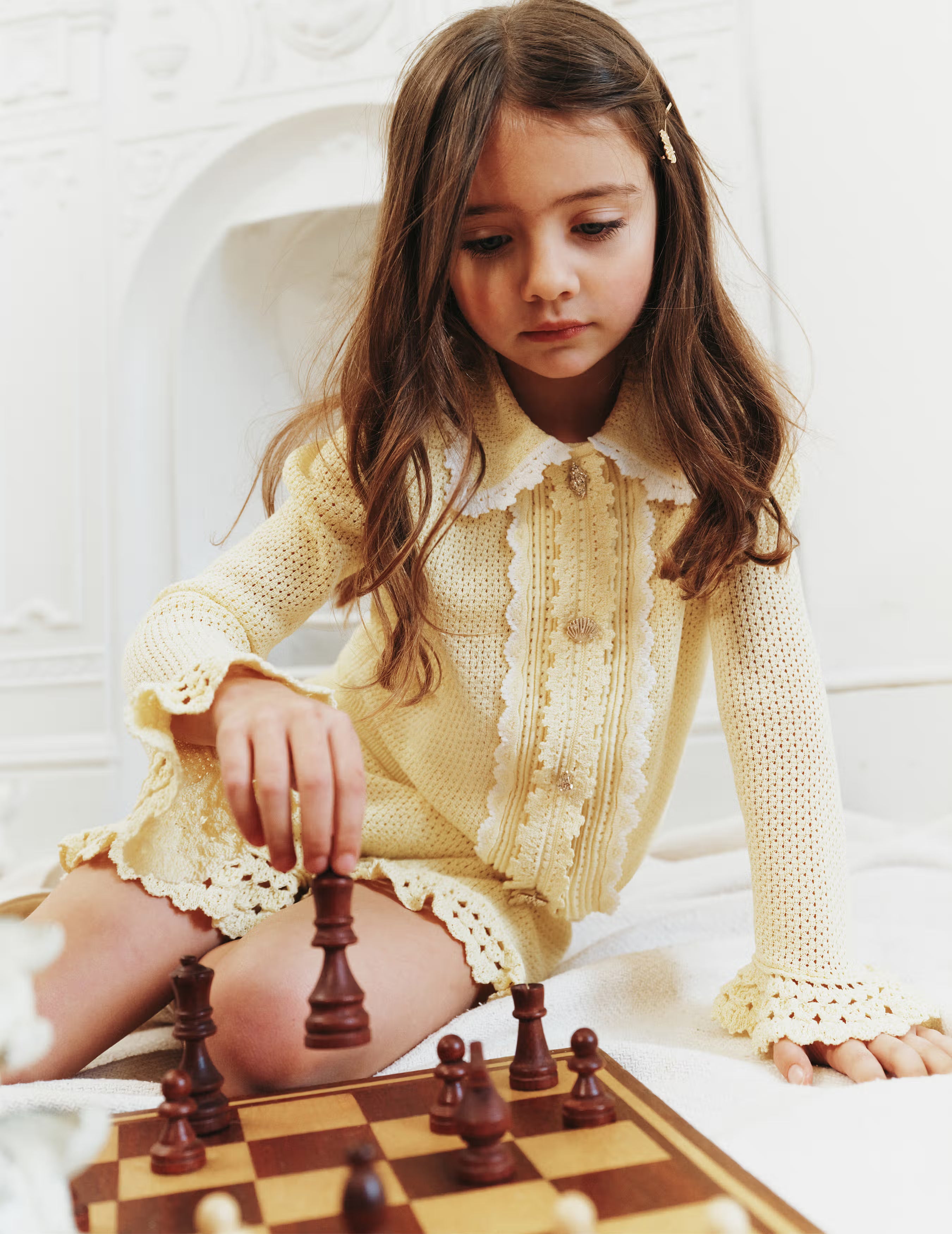 Self Portrait Knitwear Pointelle Frill Cardigan gelb Kinder
