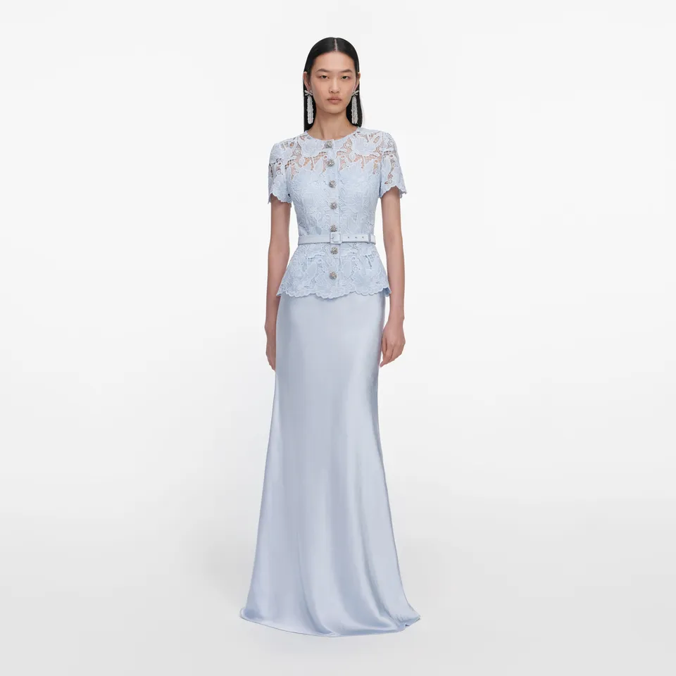 Self Portrait Blue Lace Satin Maxikleid Blau