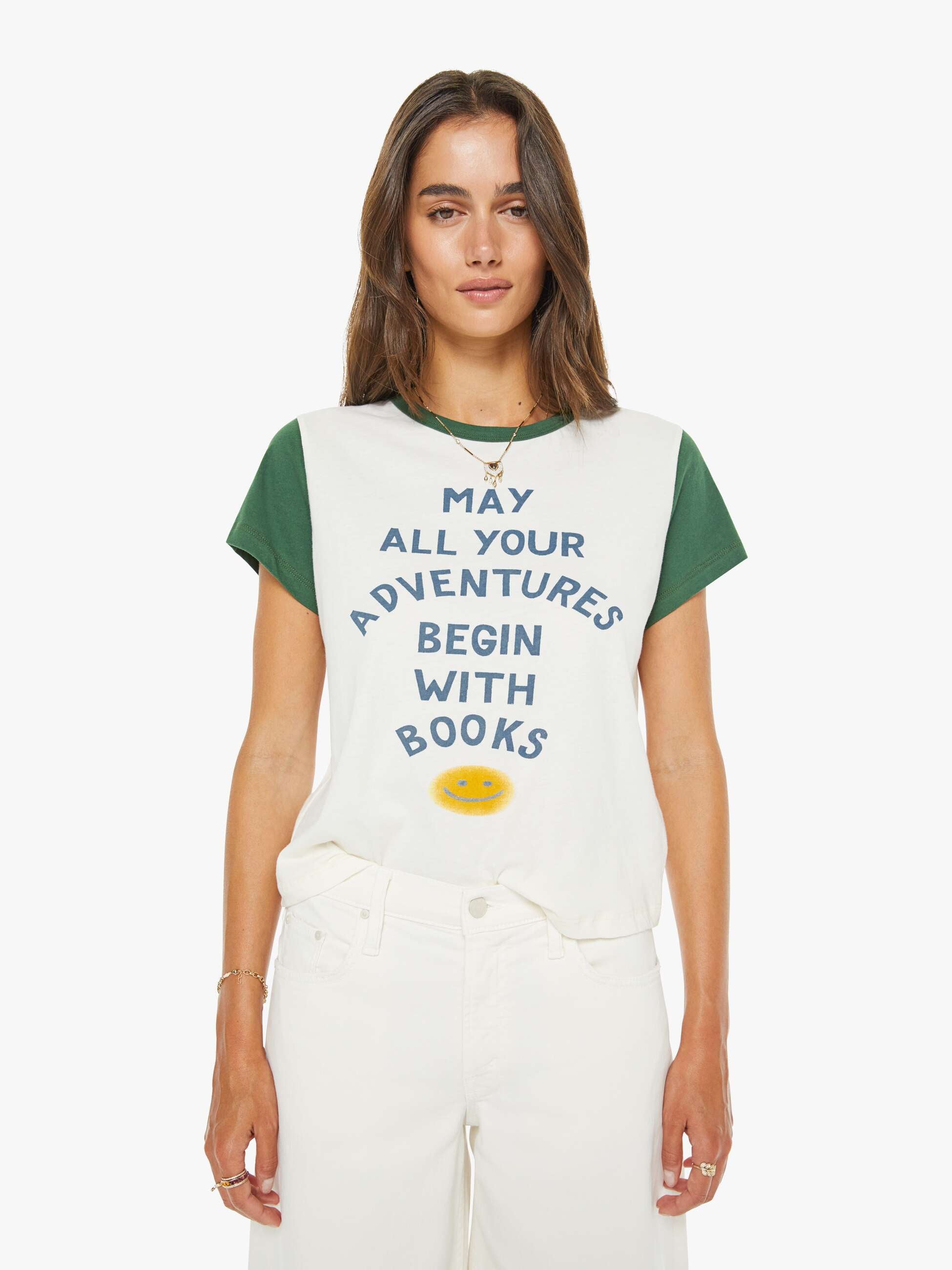 Mother Goodie Goodie Ringer T-Shirt Book Adventures Weiss