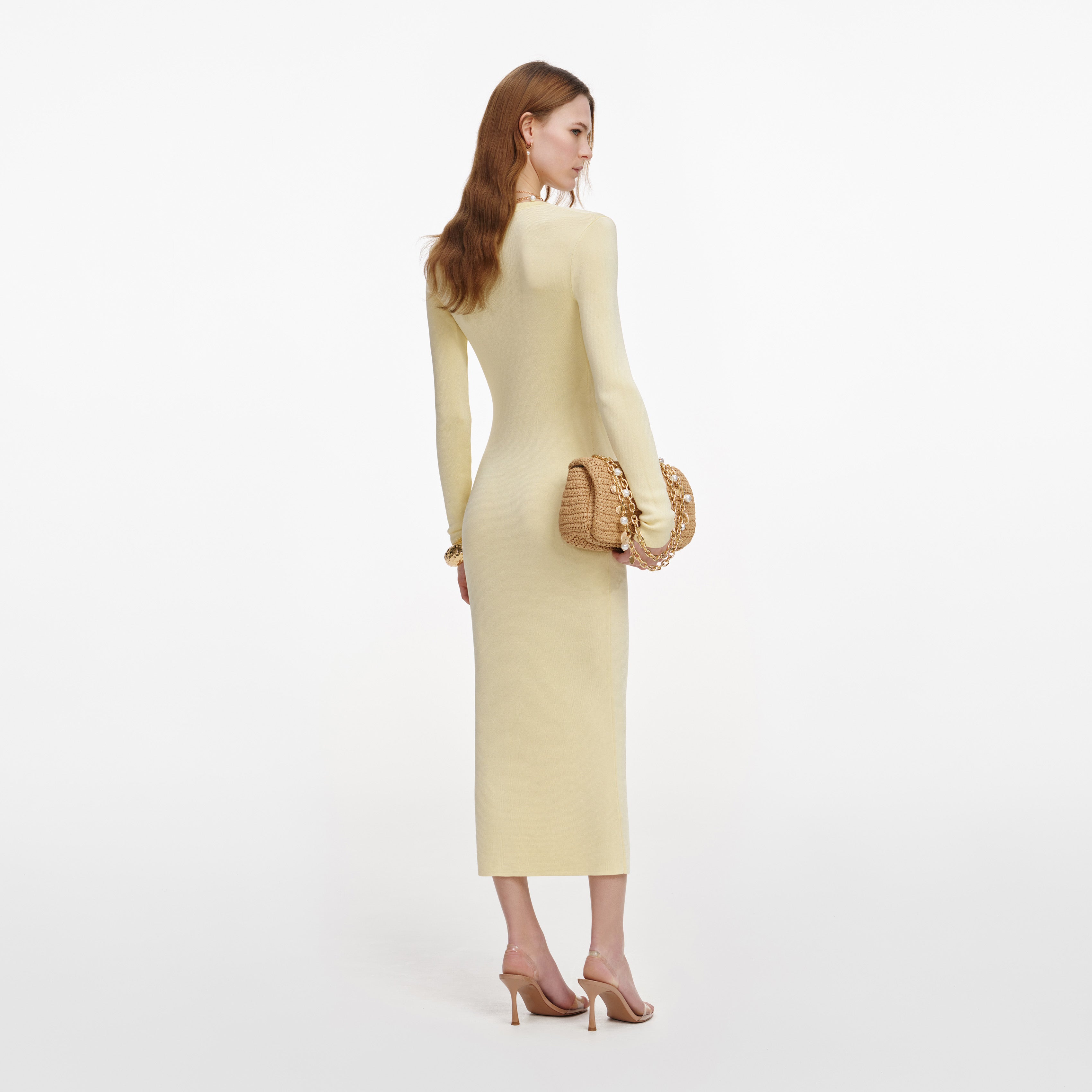 Self Portrait Yellow Viscose Knit Ruffle Midi Kleid Gelb