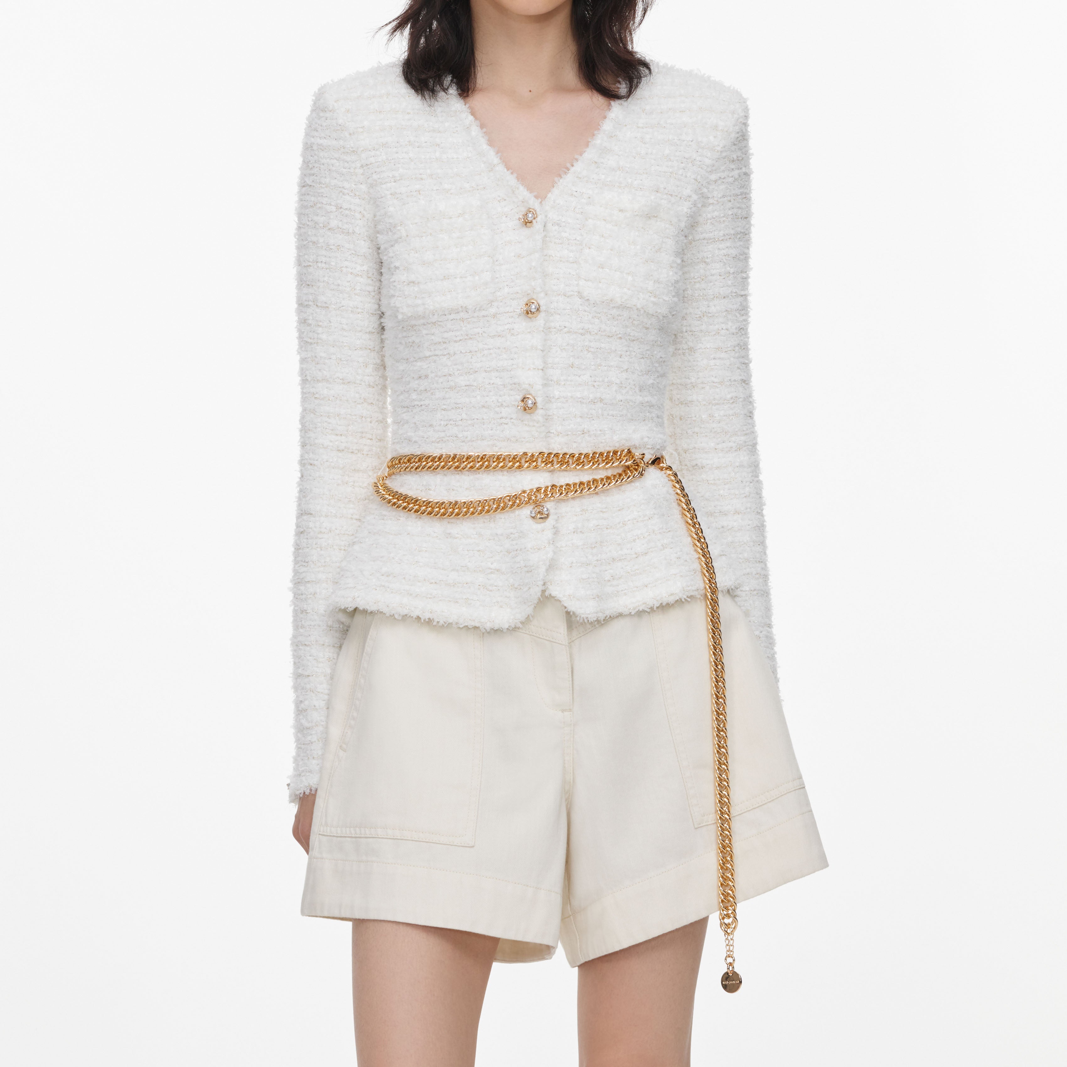 Self Portrait Cream Textured Knit Cardigan Creme S