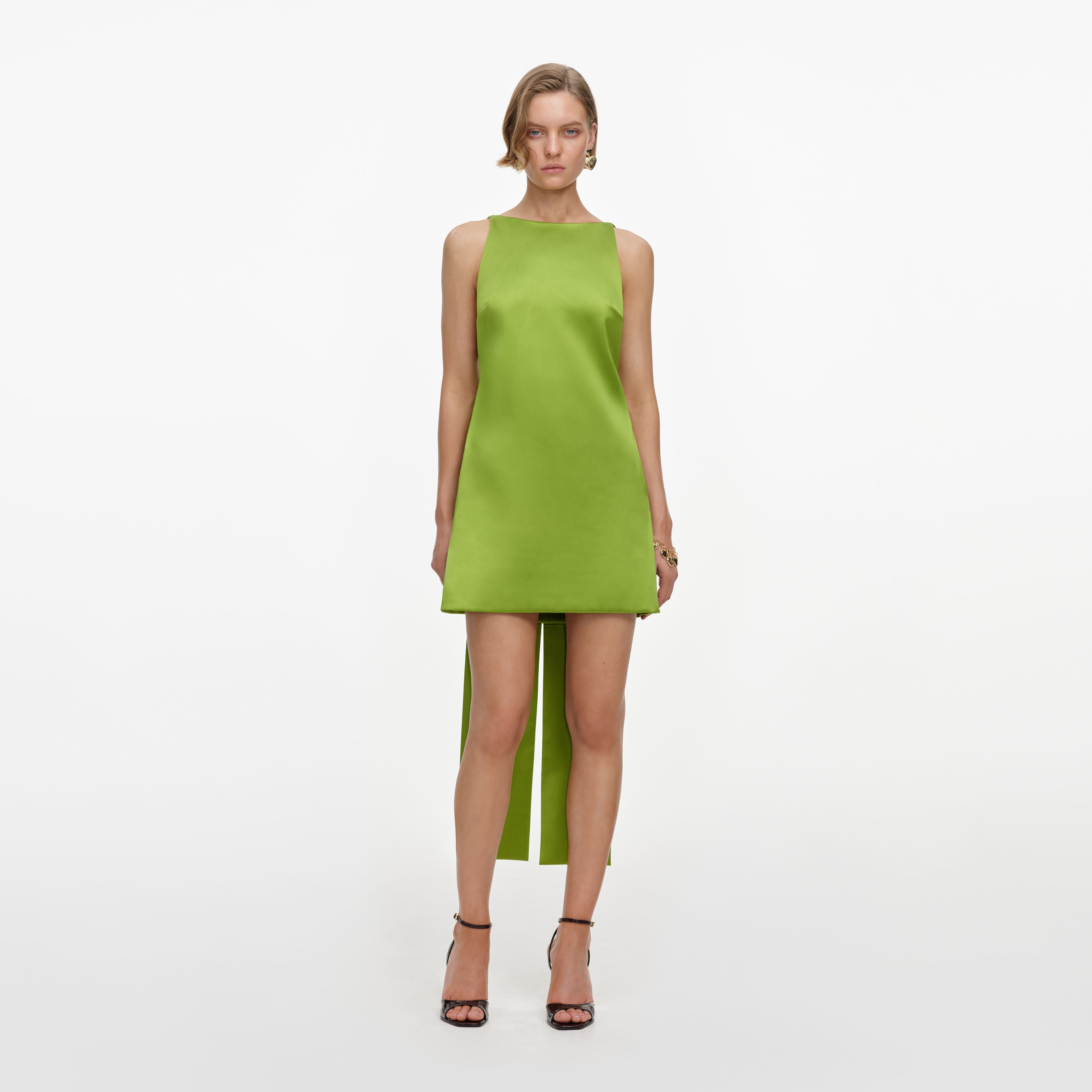 Self Portrait Green Satin Bow Mini Kleid Grün Satin