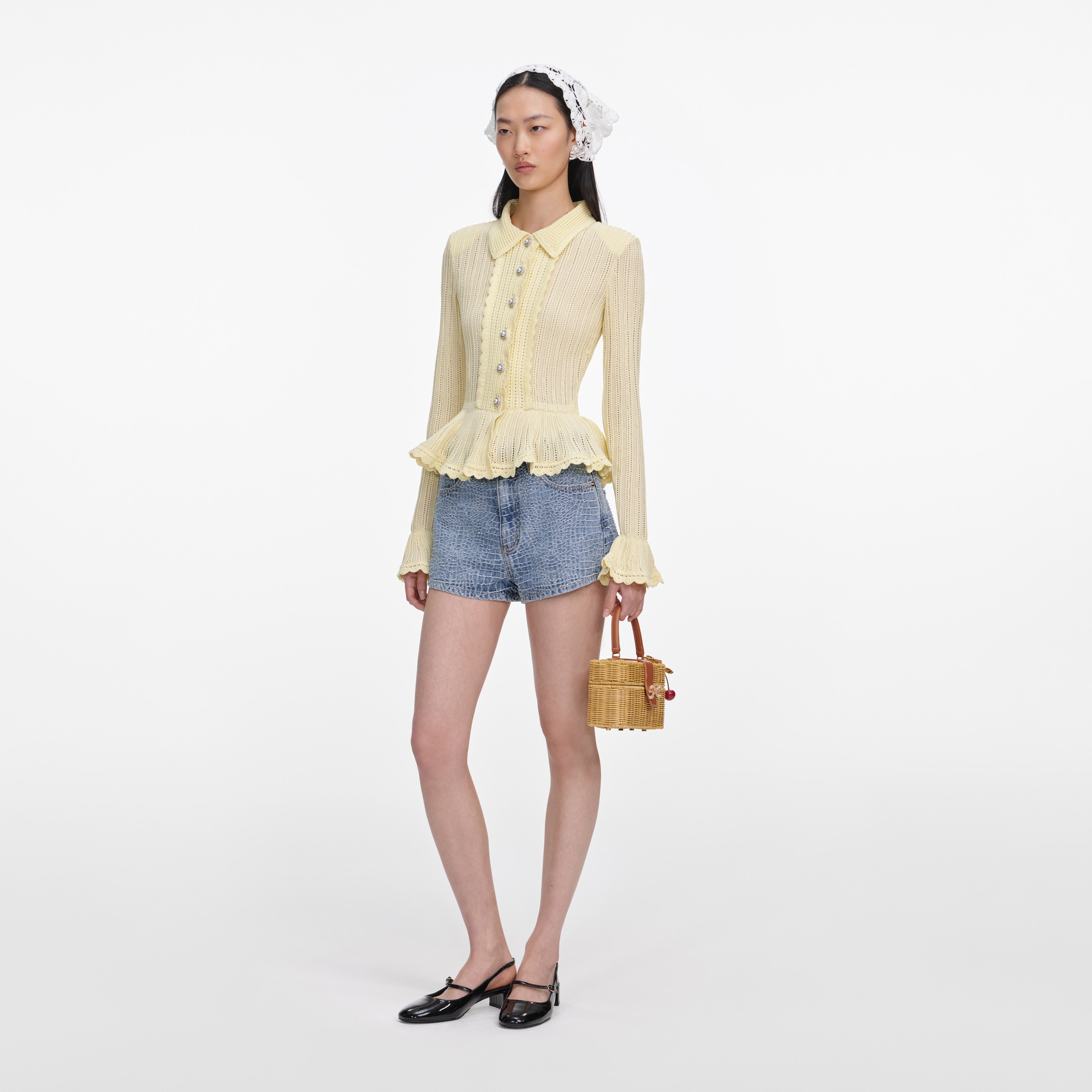 Self Portrait Denim Shorts Blau 26 Kroko Strass