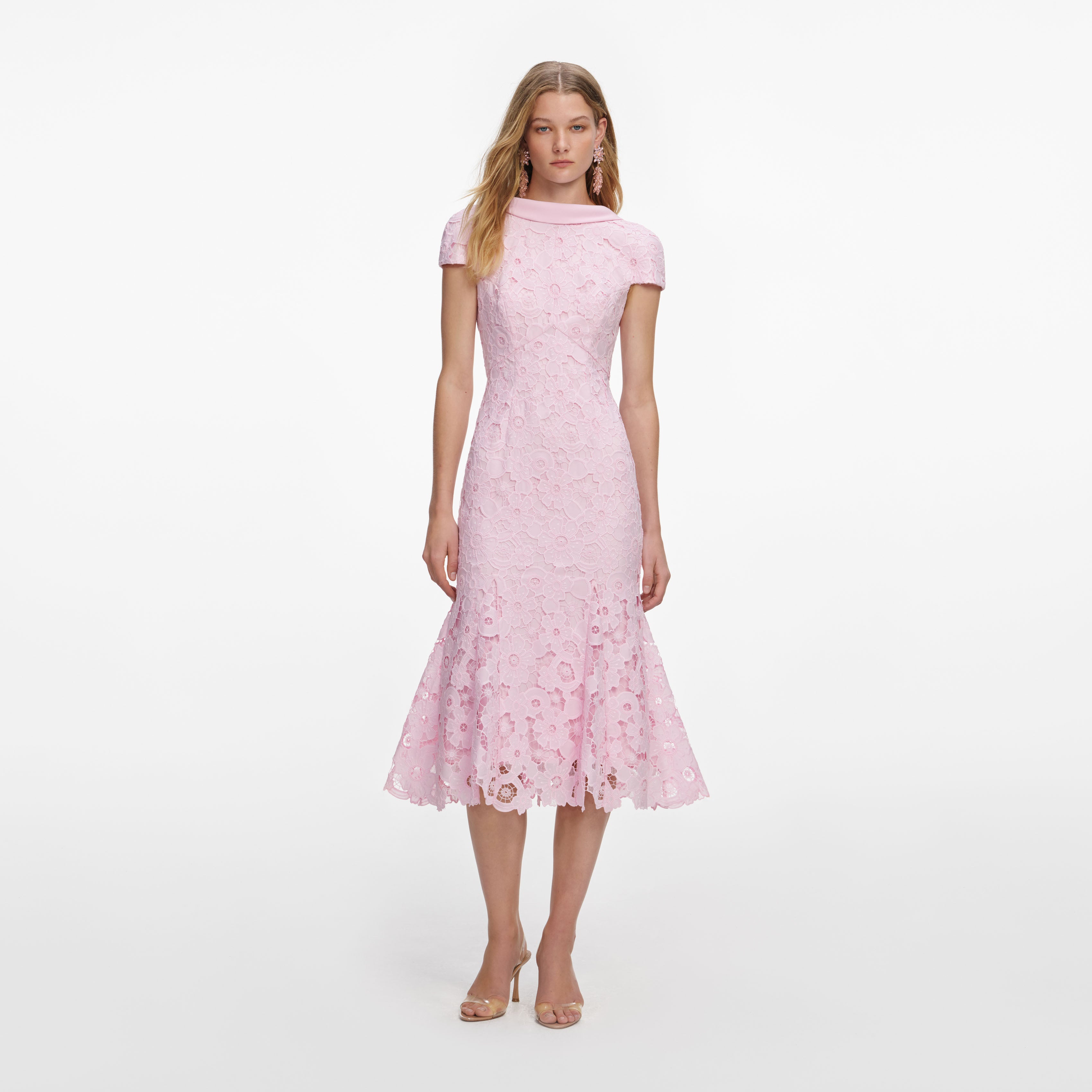 Self Portrait Lace Scoop Back Midikleid rosa Guipure Spitze
