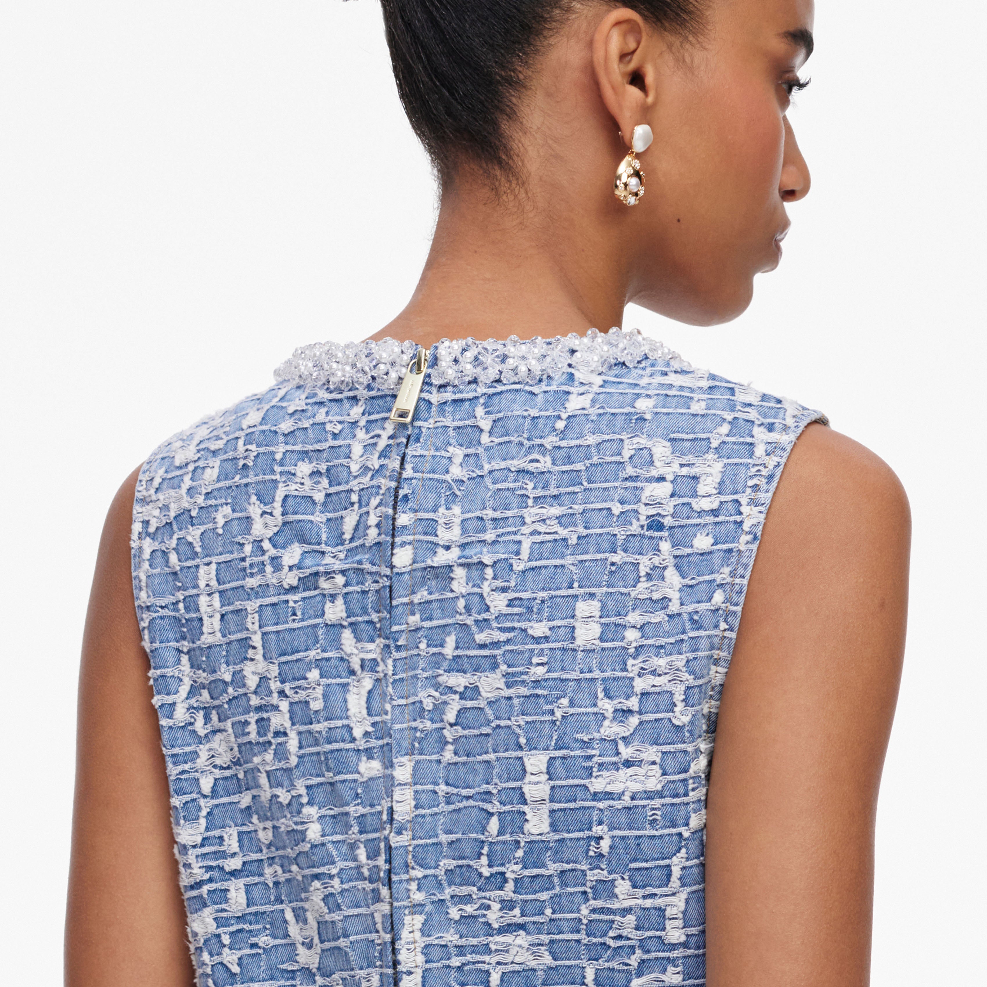 Self Portrait Denim Blue Textured Denim Minikleid blau Perlen