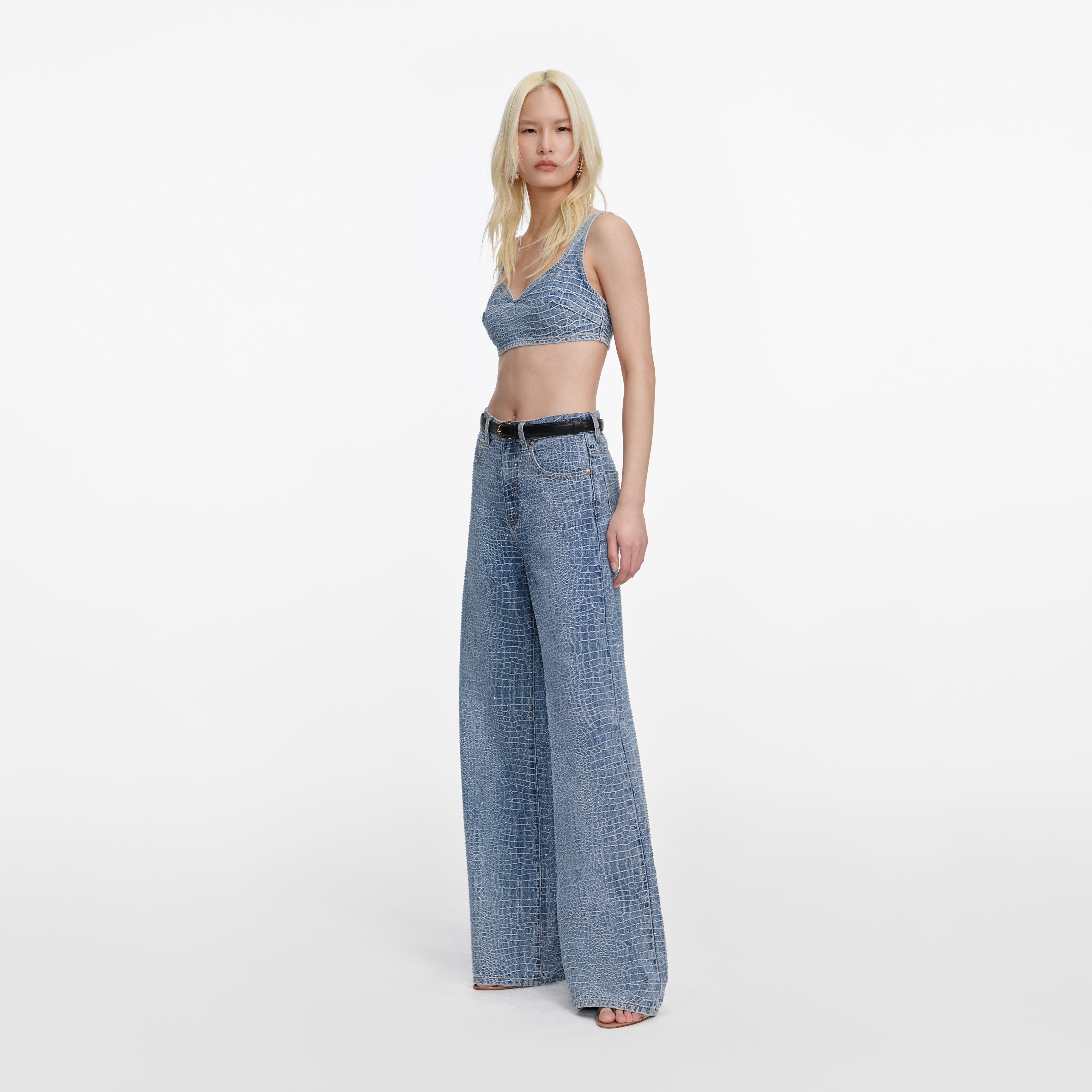 Self Portrait Denim Rhinestone Croc Effect Denim Bralette Top UK 8