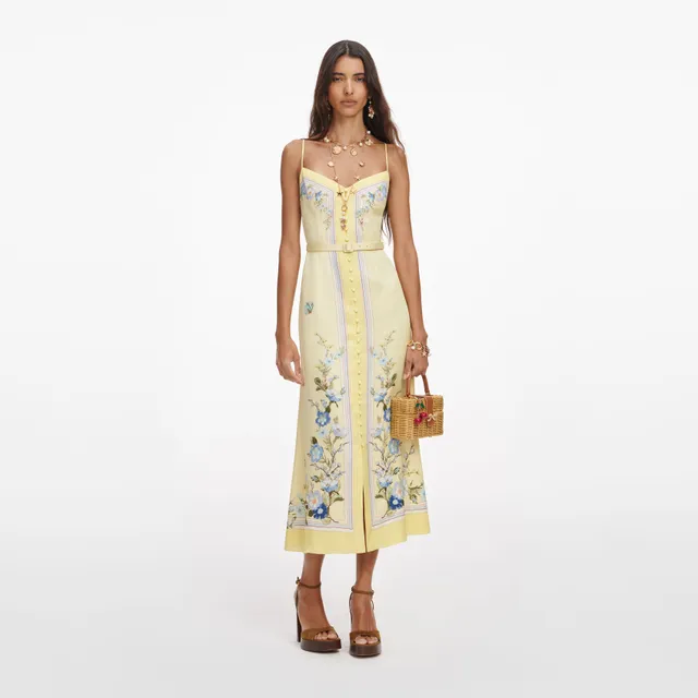 Self Portrait Yellow Floral Satin Midi Kleid Gr. UK 6