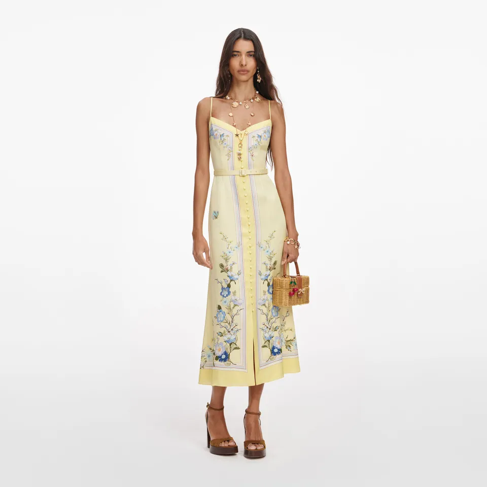 Self Portrait Yellow Floral Satin Midi Kleid Gr. UK 6