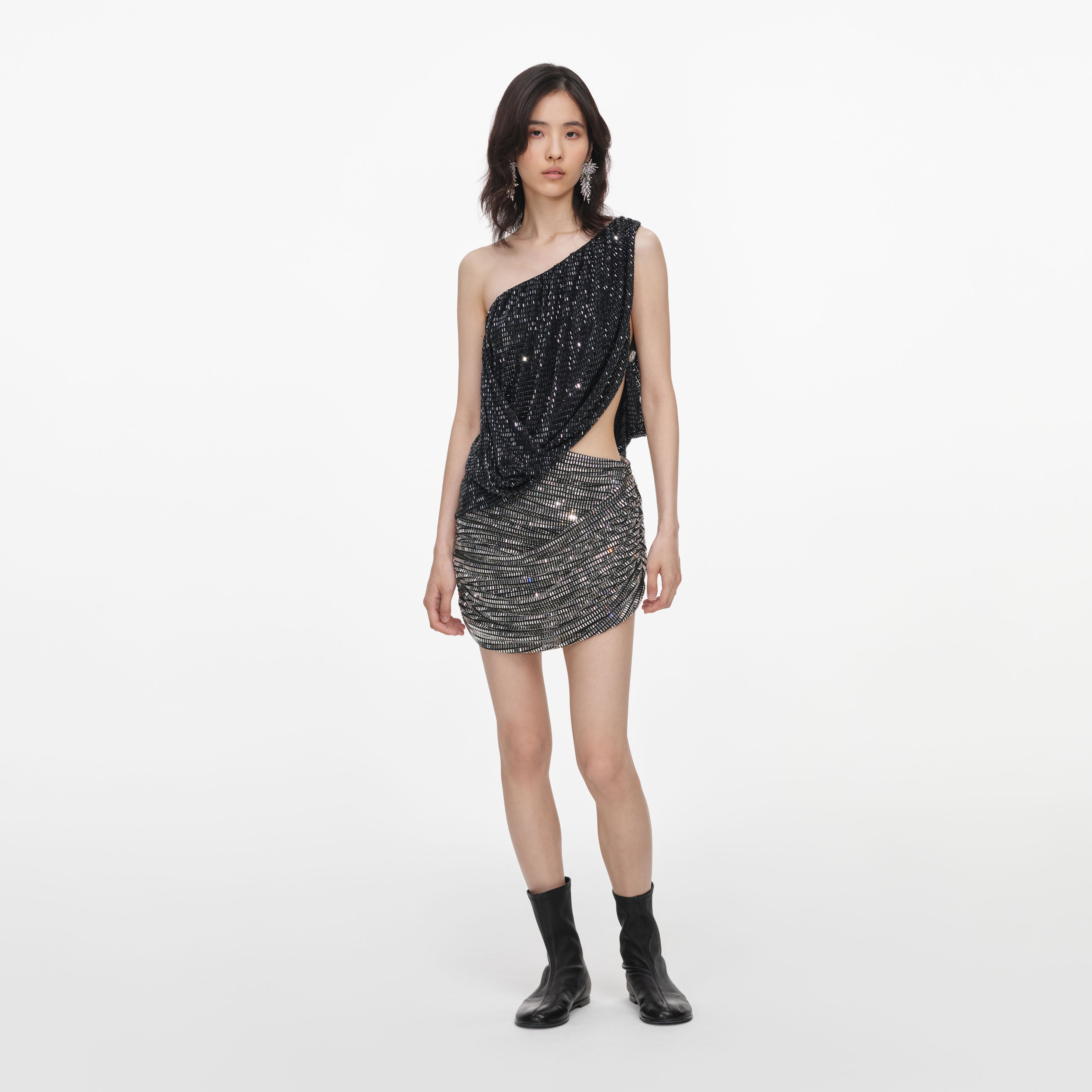Self Portrait Black Rhinestone One Shoulder Top Strass