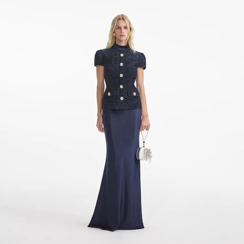 Self Portrait Navy Metallic Boucle Maxikleid Navy Metallic