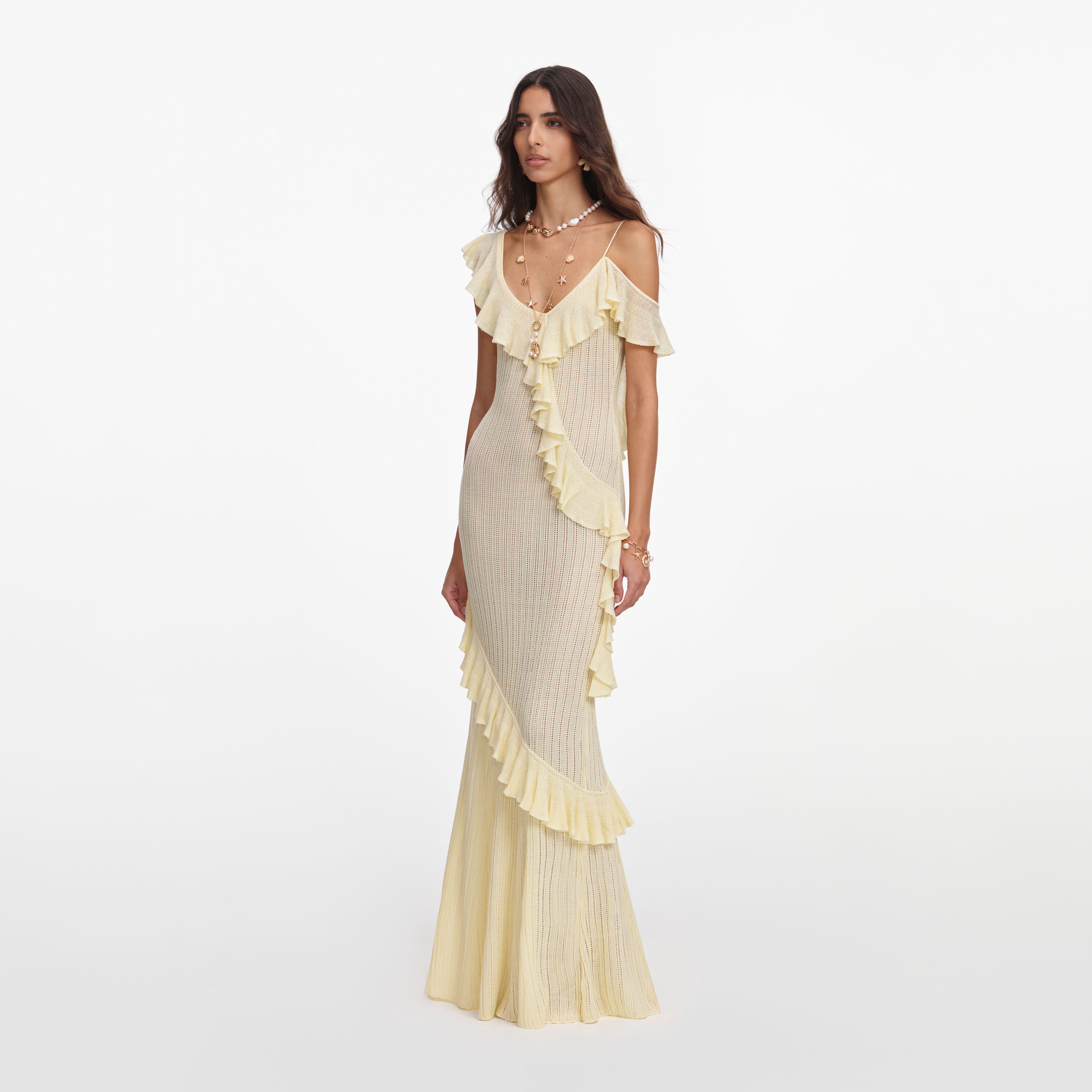 Self Portrait Yellow Ruffle Knit Maxi Dress Kleid Gelb Rückenfrei