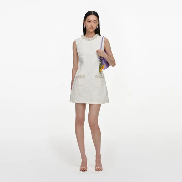 Self-Portrait Denim Cream Textured Minikleid creme Perlen