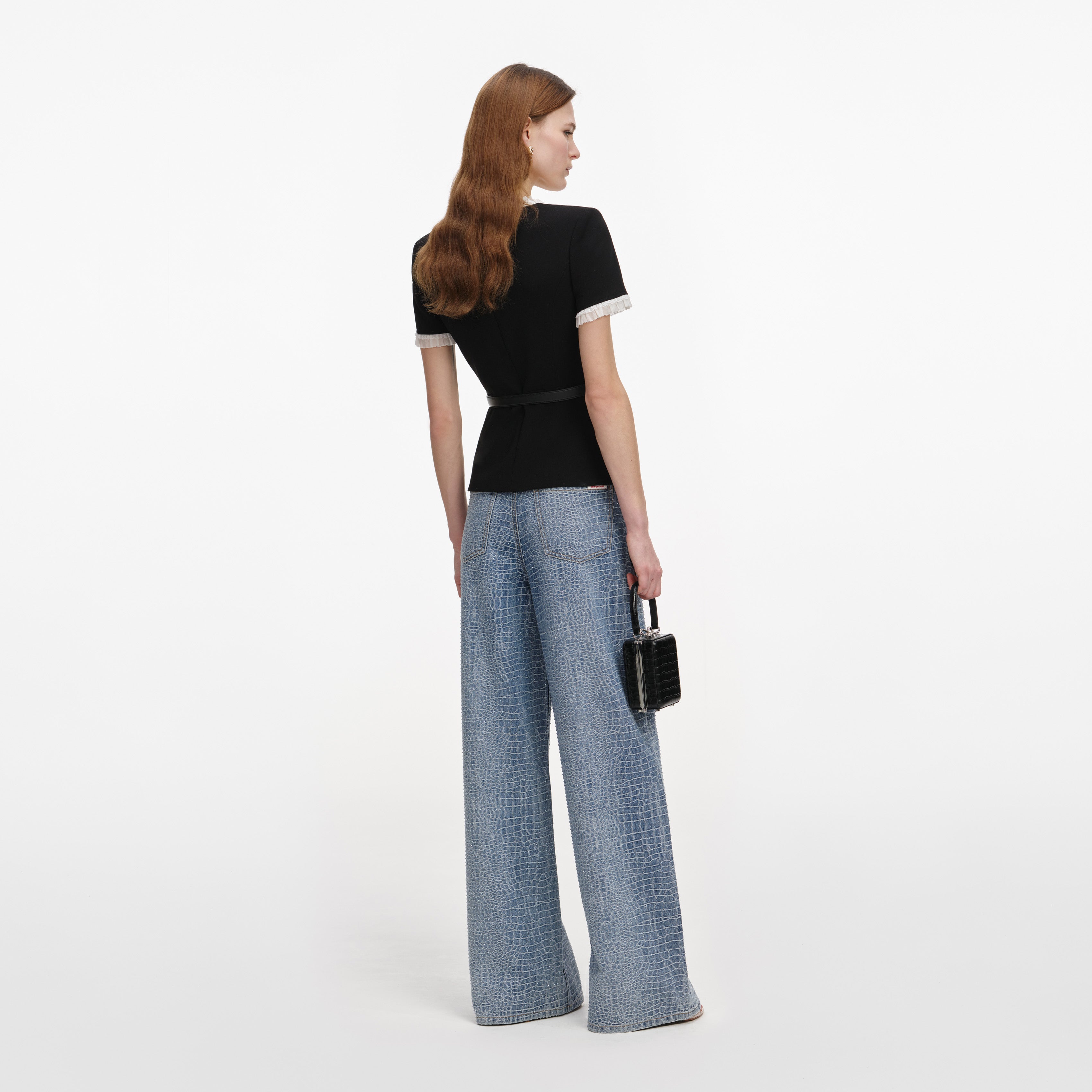Self Portrait Black Crepe Contrast Frill Top Bluse Schwarz