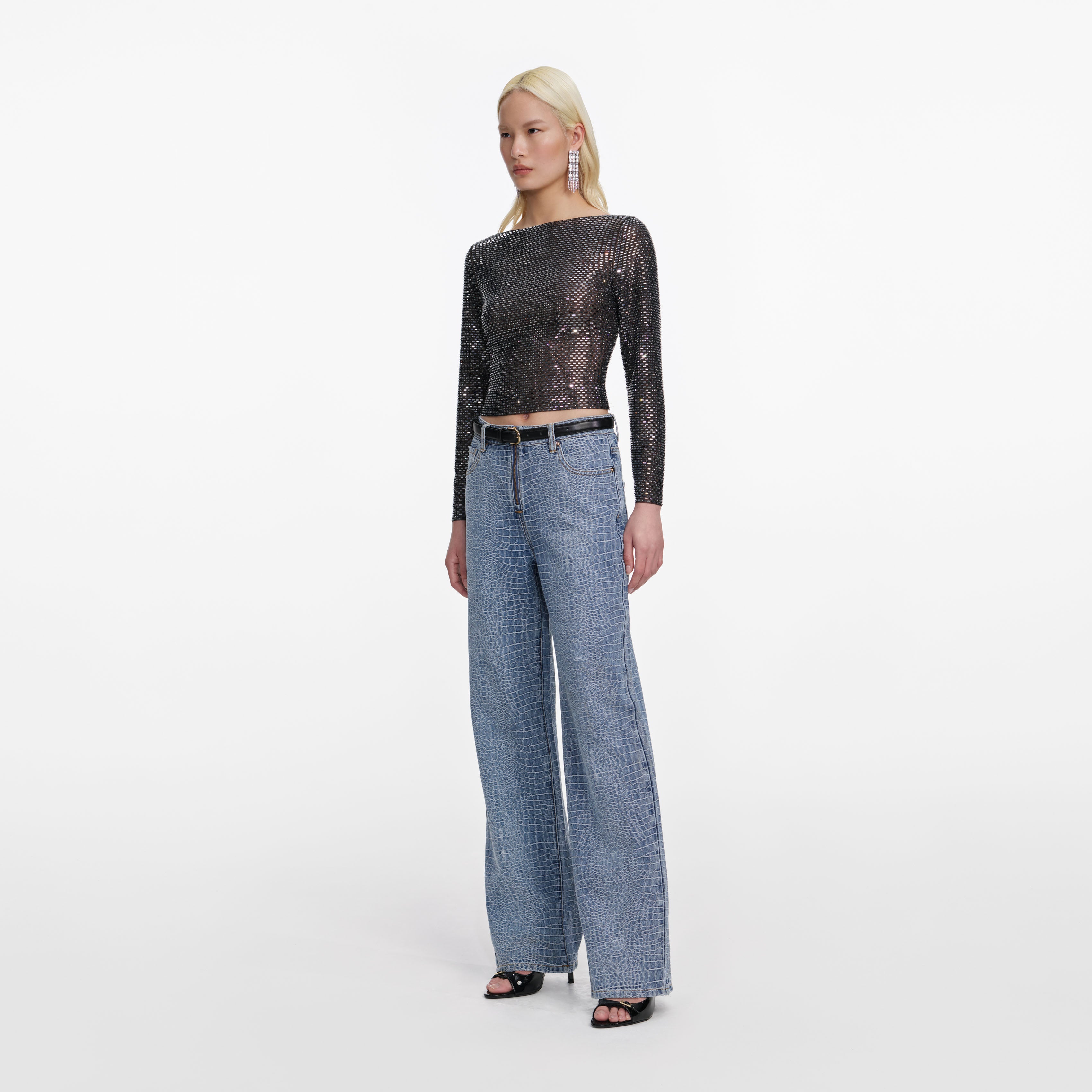 Self Portrait Croc Effect Straight Leg Jeans Blau High Waist