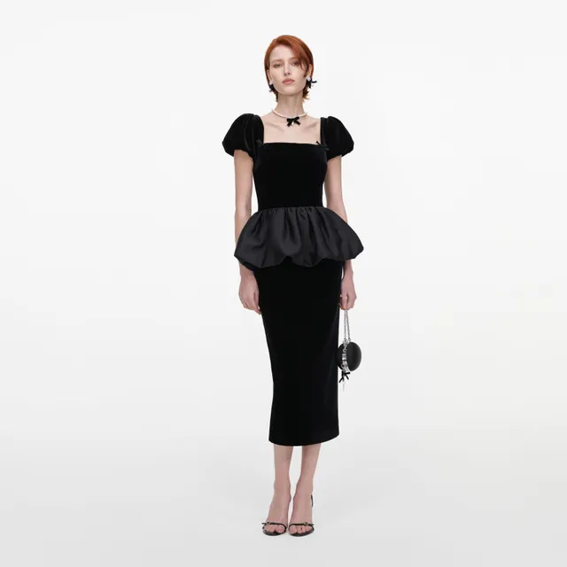 Self Portrait Velvet Bubble Peplum Midi Kleid Schwarz Samt