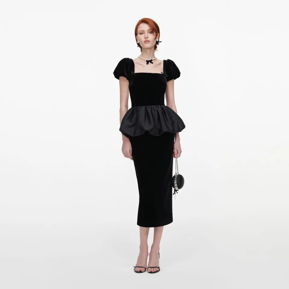 Self Portrait Velvet Bubble Peplum Midi Kleid Schwarz Samt