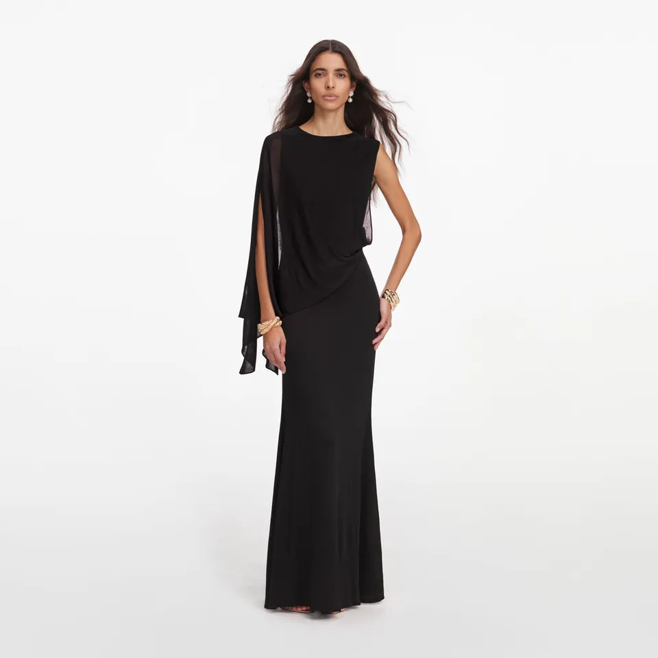 Self Portrait One Shoulder Maxi Kleid Schwarz XS Viskose