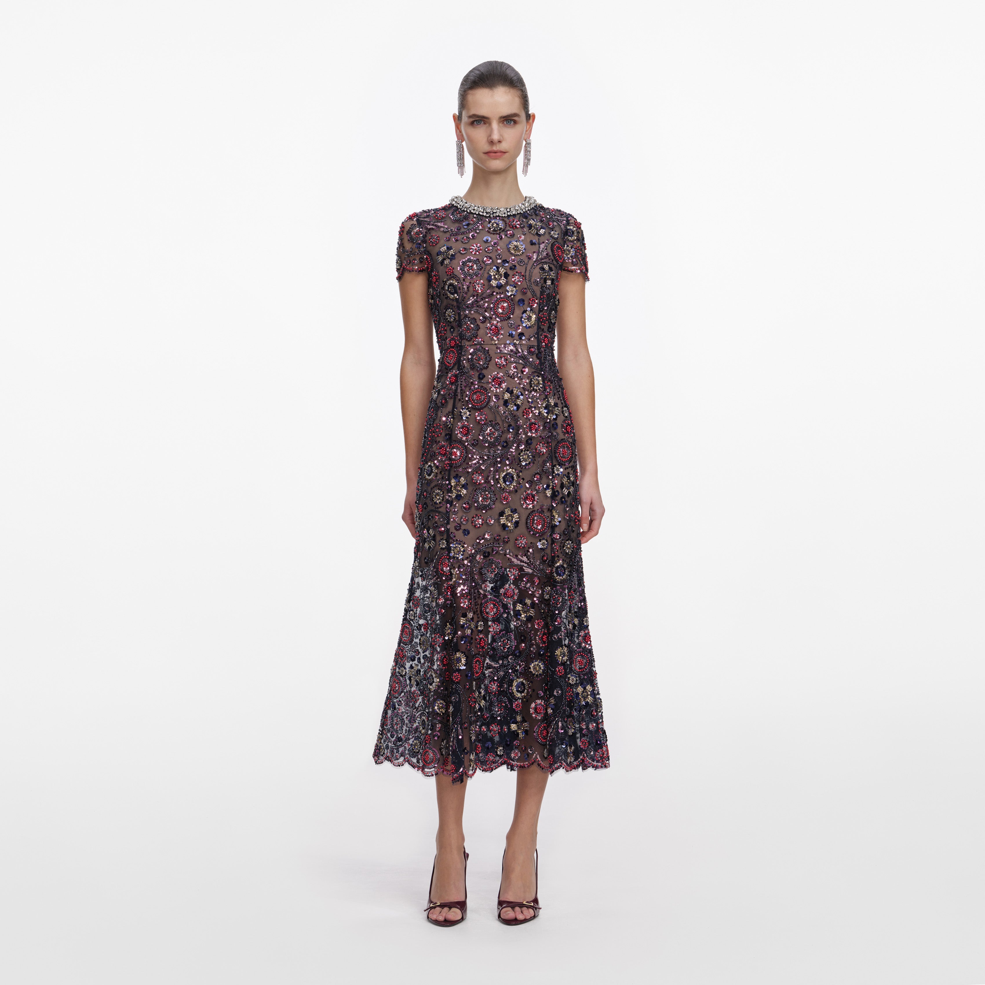 Self Portrait Kleid Marine Floral Midi Pailletten