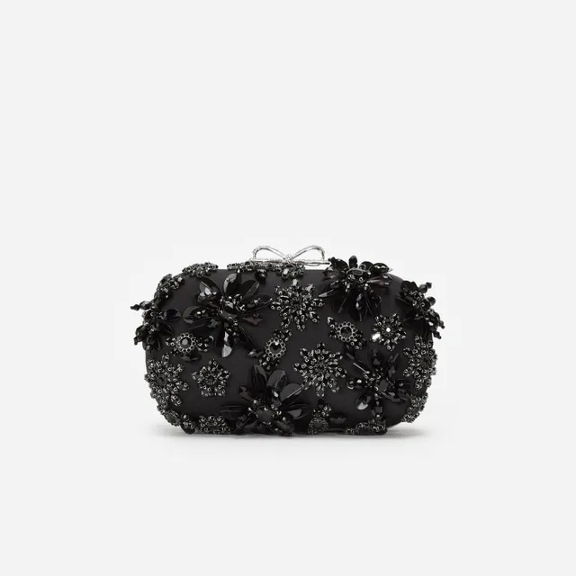 Self Portrait Black Satin Floral Crystal Clutch Tasche Schwarz