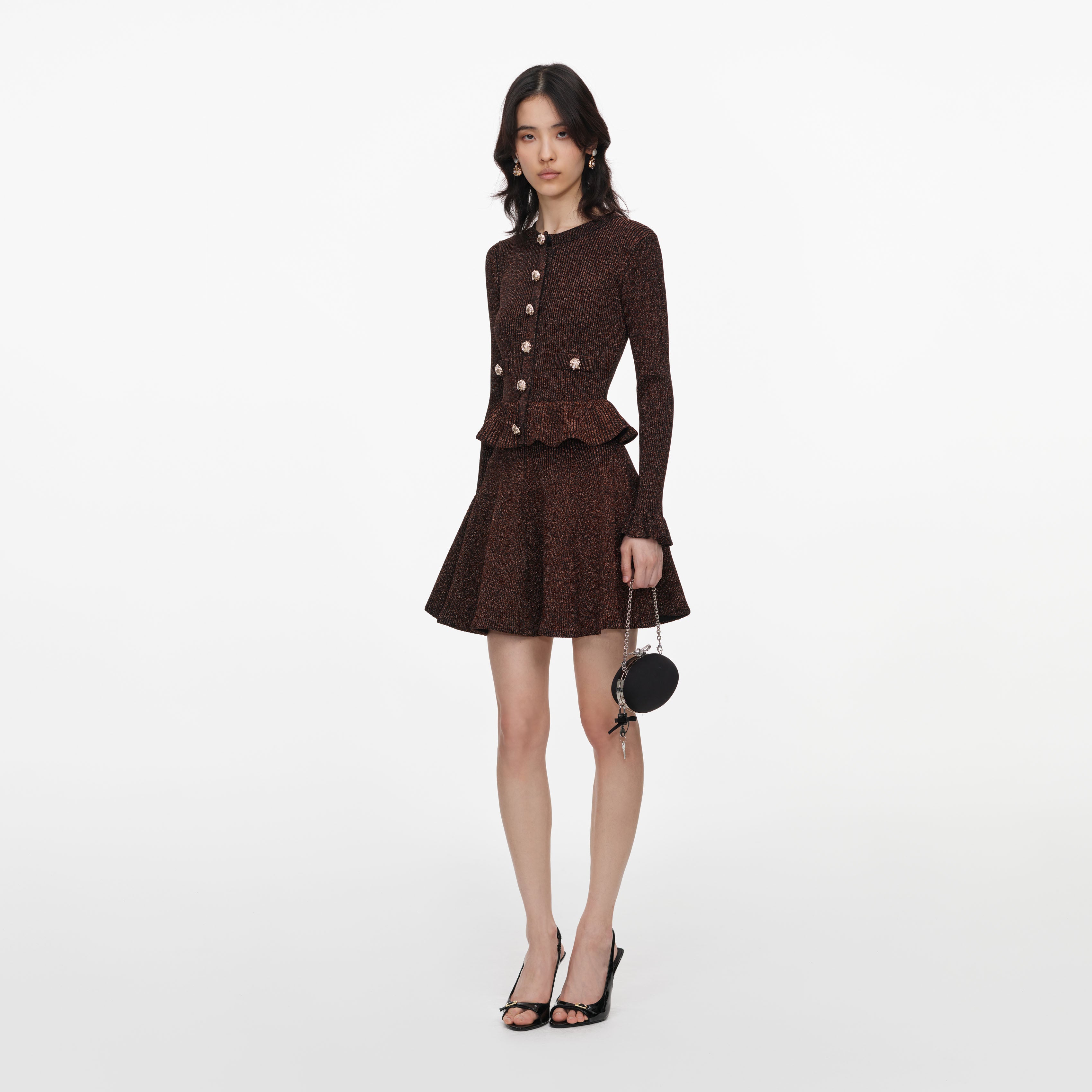 Self Portrait Dresses Brown Lurex Peplum Strick-Minikleid Braun S