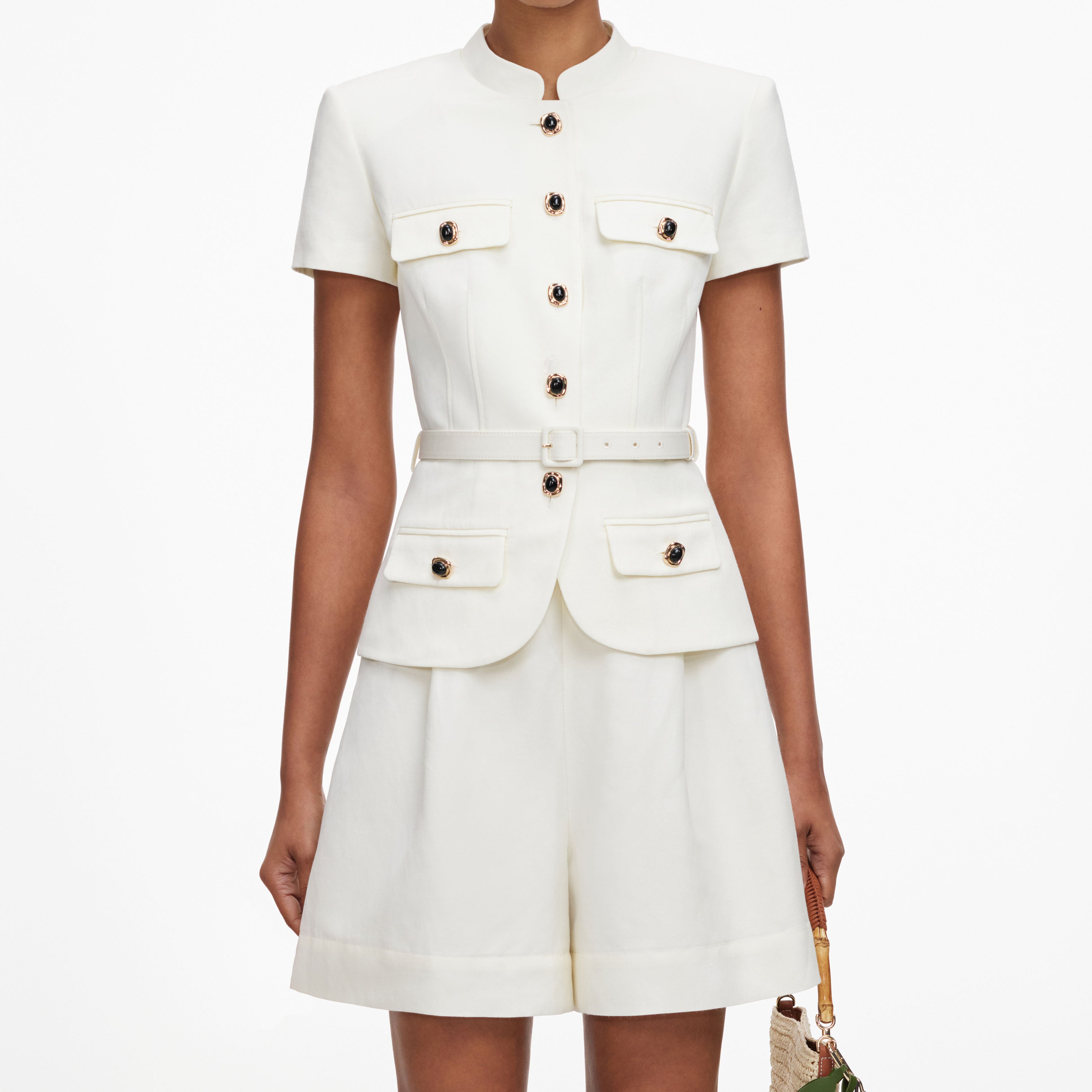 Self Portrait Creme Leinen Playsuit Peplum UK 6