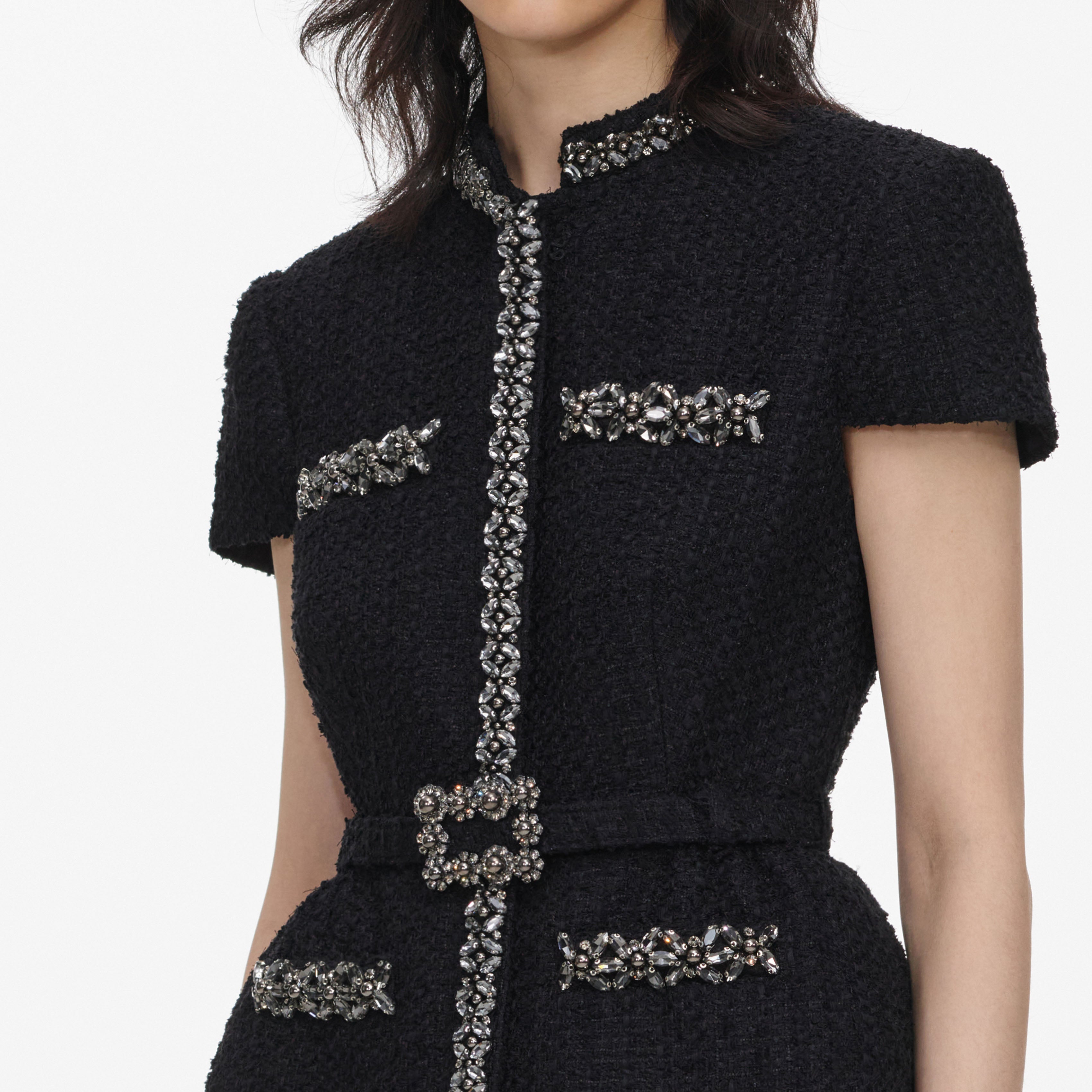 Self Portrait Black Boucle Crystal Midi Kleid Schwarz UK 10 Chiffon