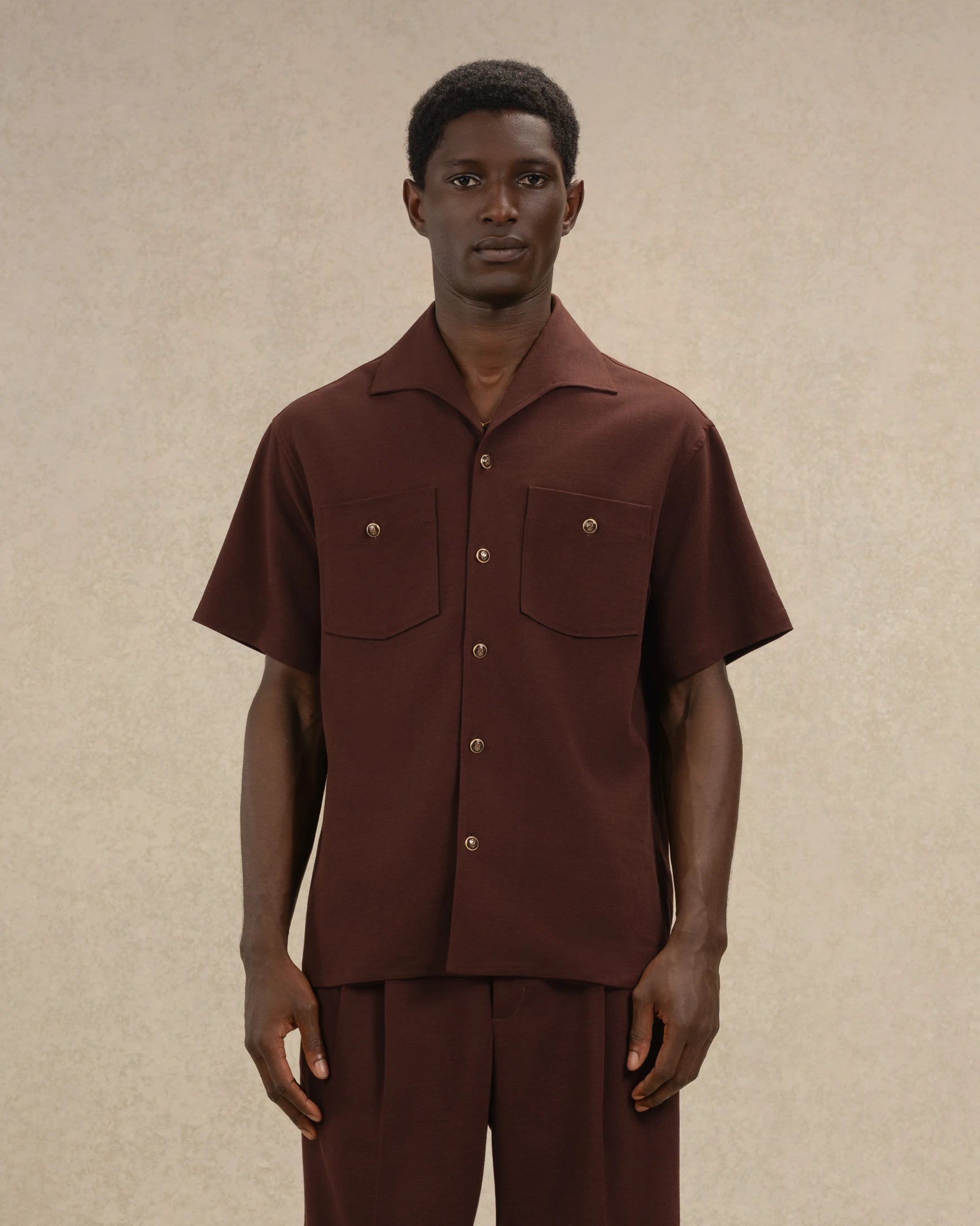 Drôle De Monsieur Chemise Poches Hemd Braun Viskose Kurzarm