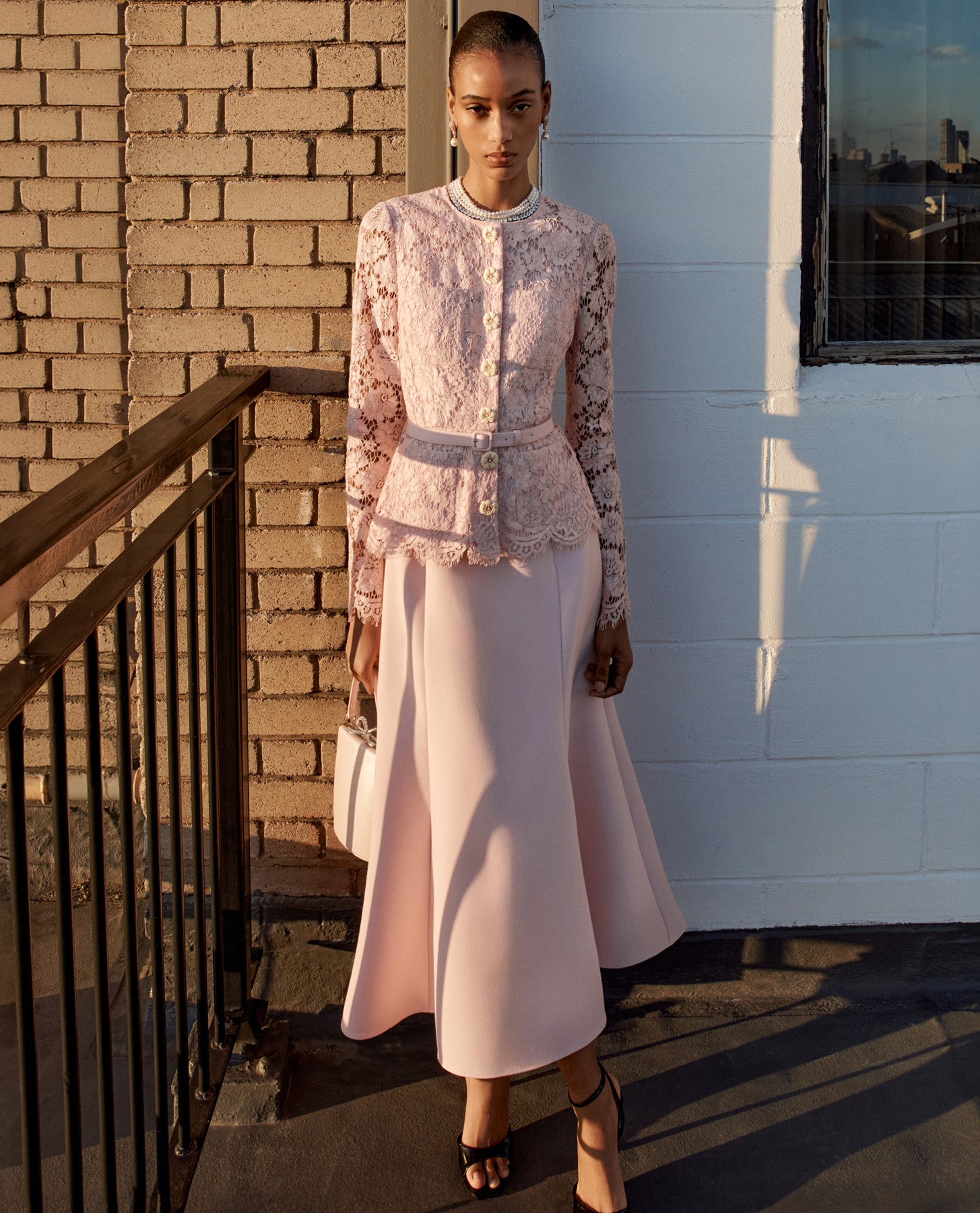 Self Portrait Pink Tailored Lace Midi Kleid Rosa Gürtel
