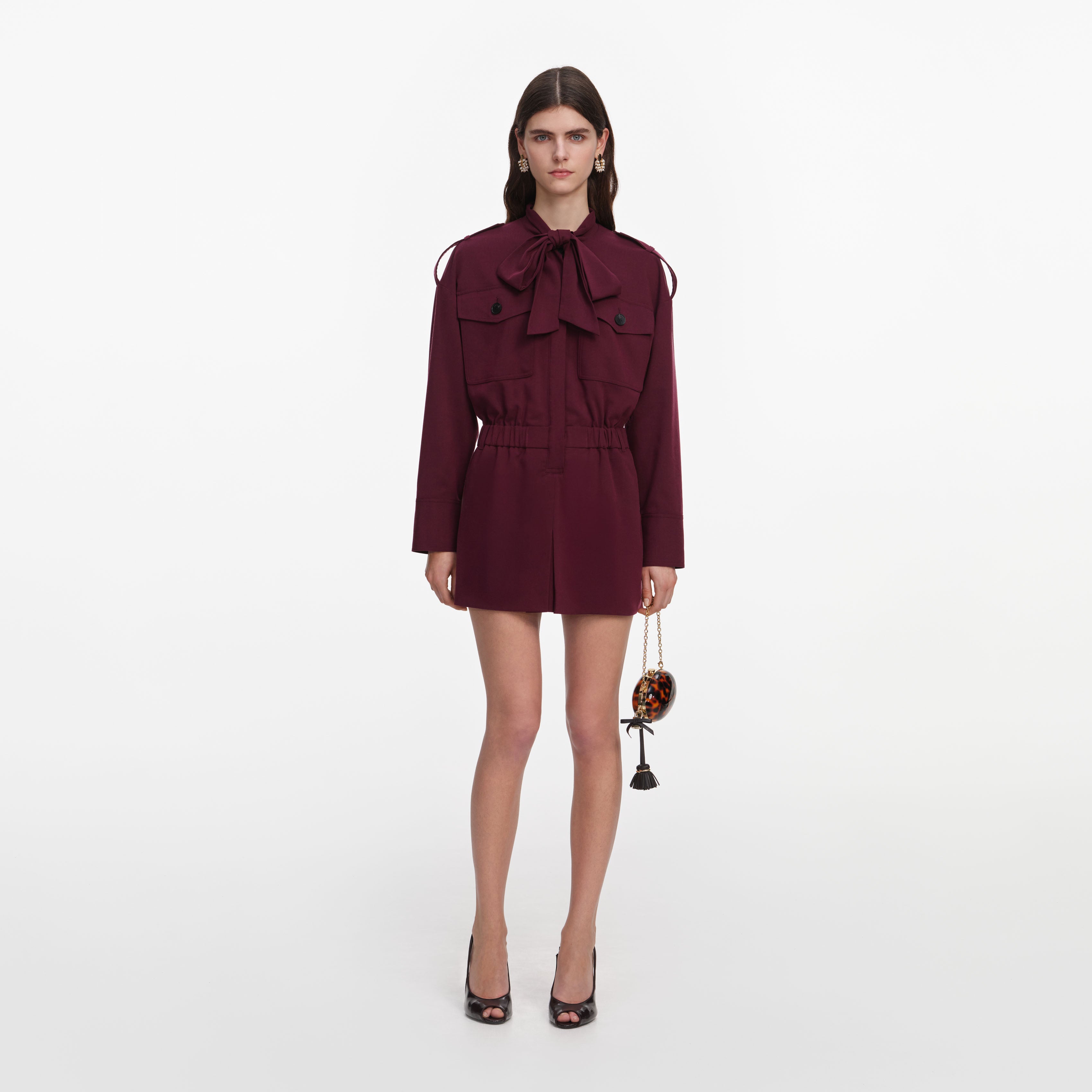 Self Portrait Plum Twill Tie Neck Playsuit Jumpsuit Burgundy