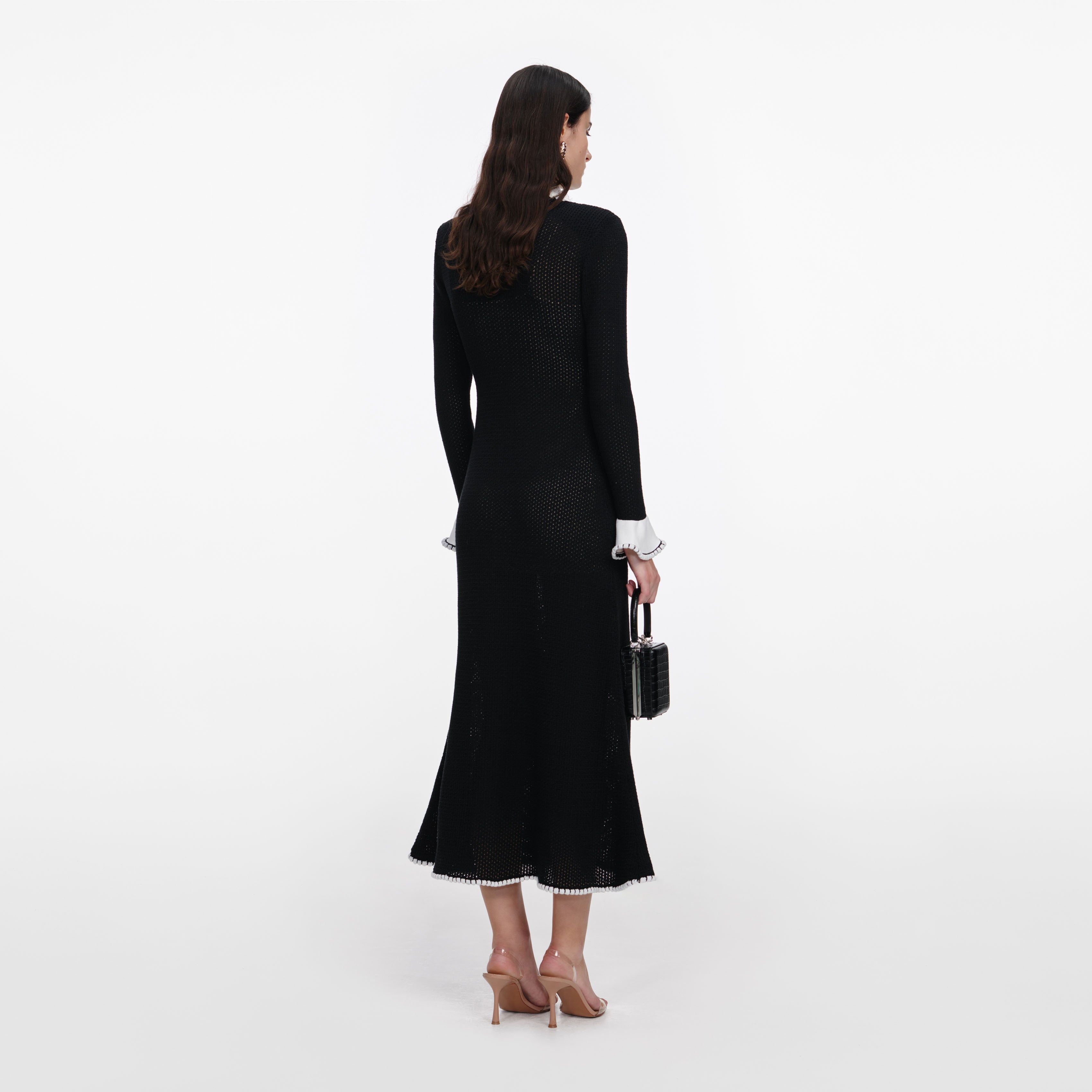 Self Portrait Black Lace Trim Knit Midi Dress Strickkleid schwarz