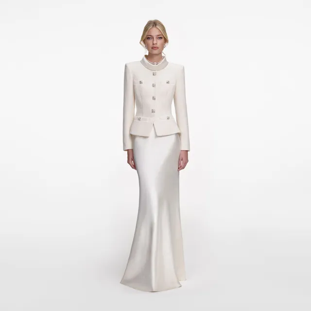 Self Portrait Cream Boucle Collared Maxi Kleid Creme