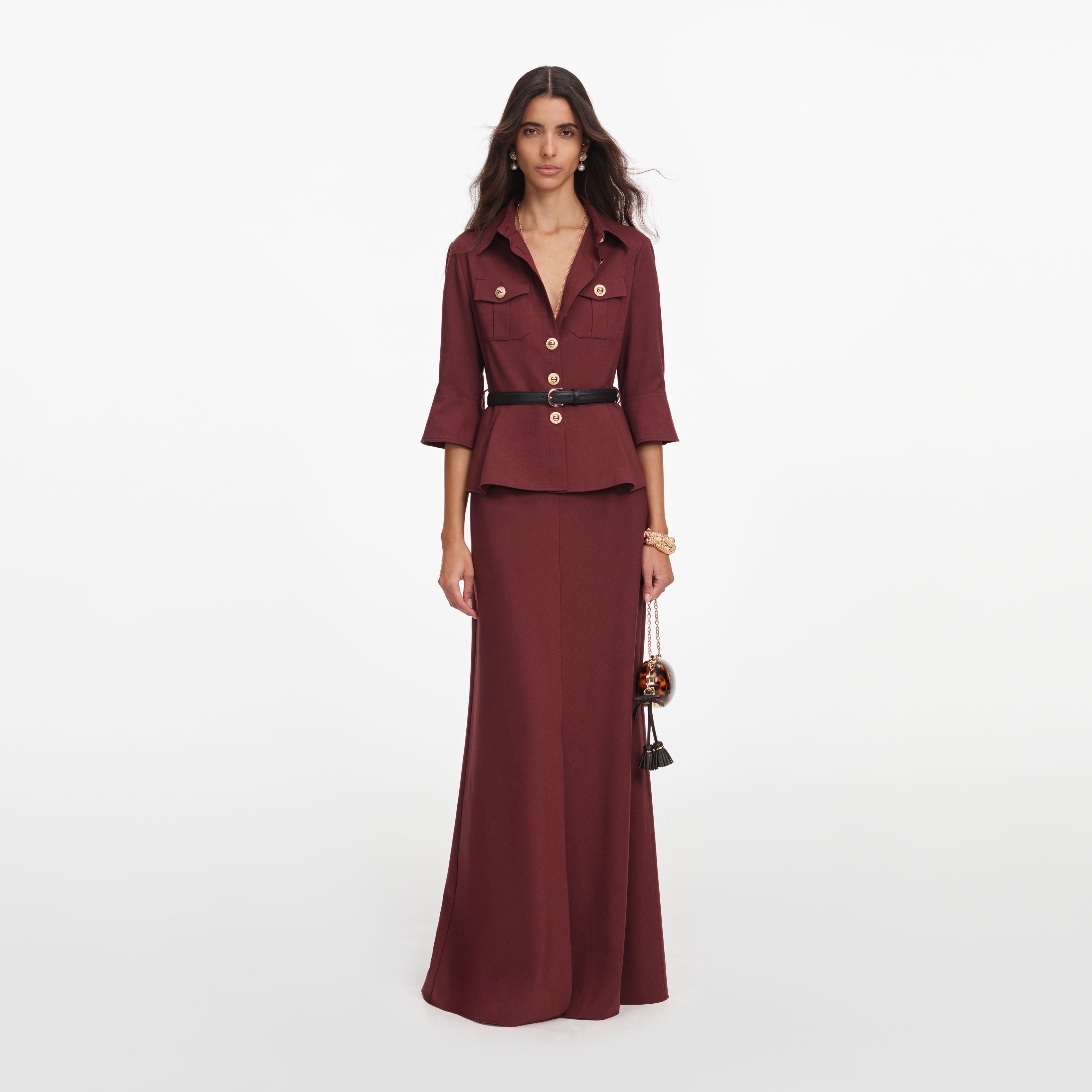 Self Portrait Brown Twill Maxi Kleid Braun Goldknöpfe