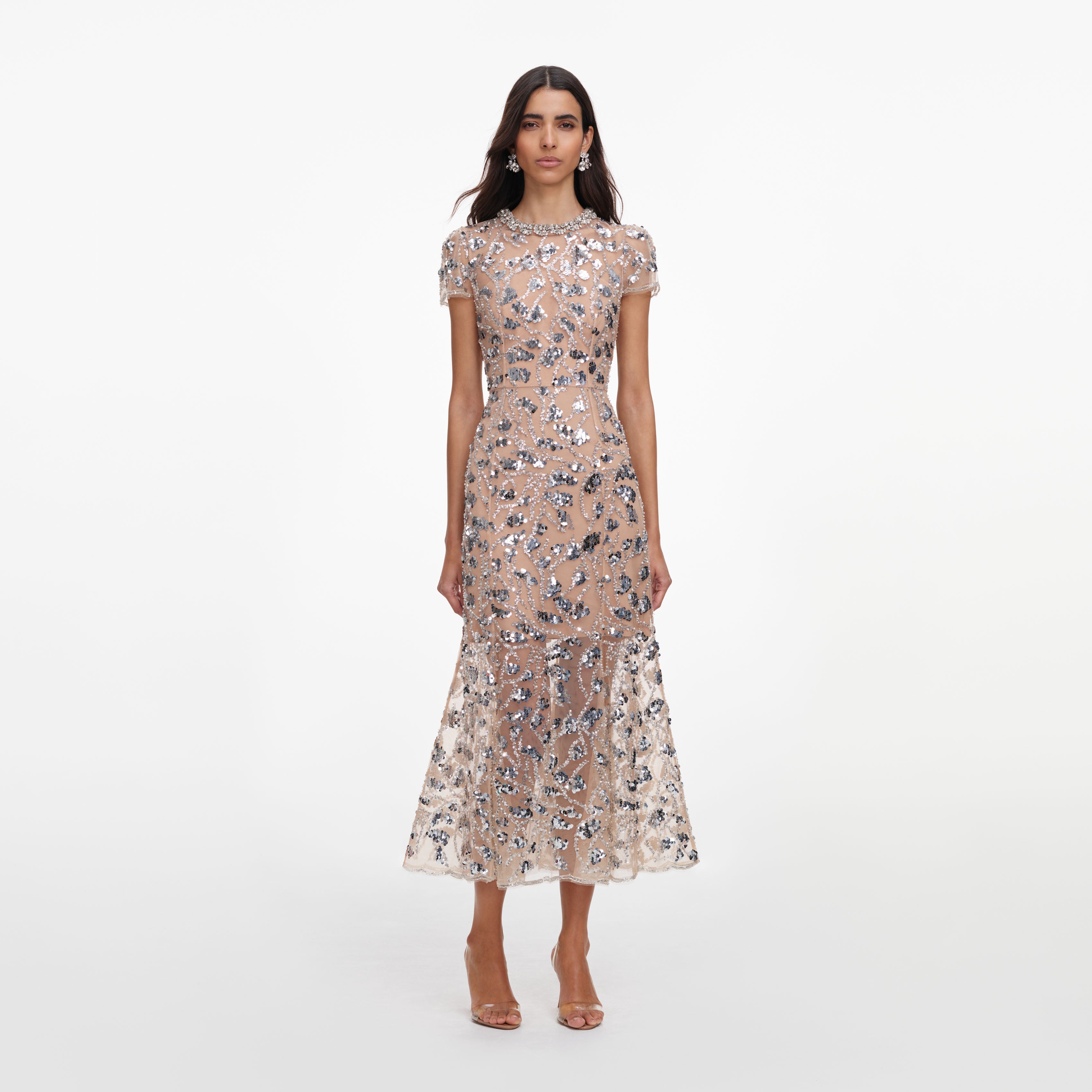 Self Portrait Silver Sequin Midi Kleid Silber UK 8 Pailletten