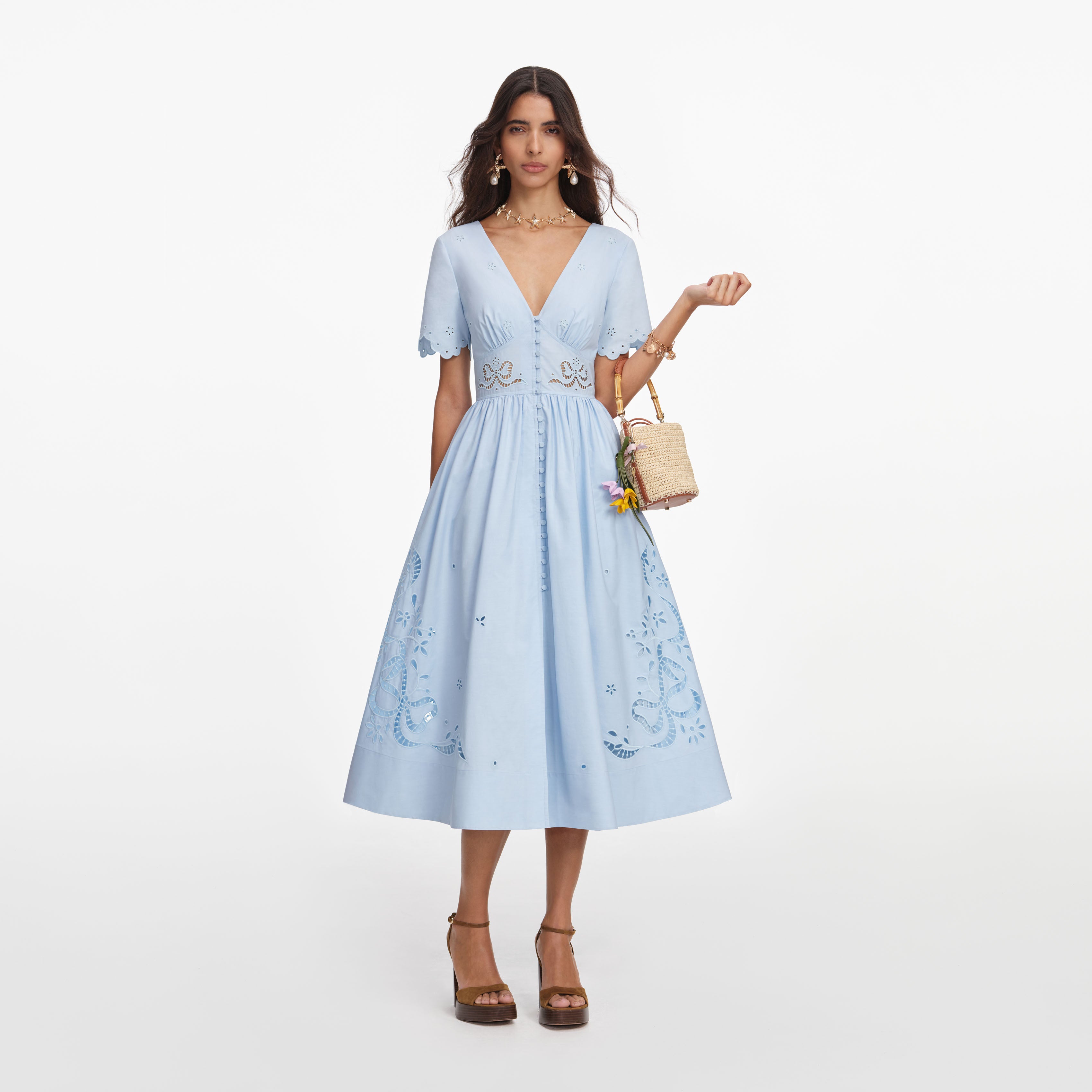 Self Portrait Blue Cotton Midikleid Blau Baumwolle Stickerei