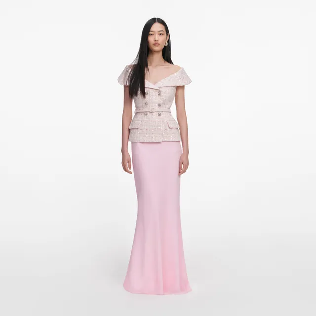 Self Portrait Sequin Boucle Maxikleid Pink Gürtel