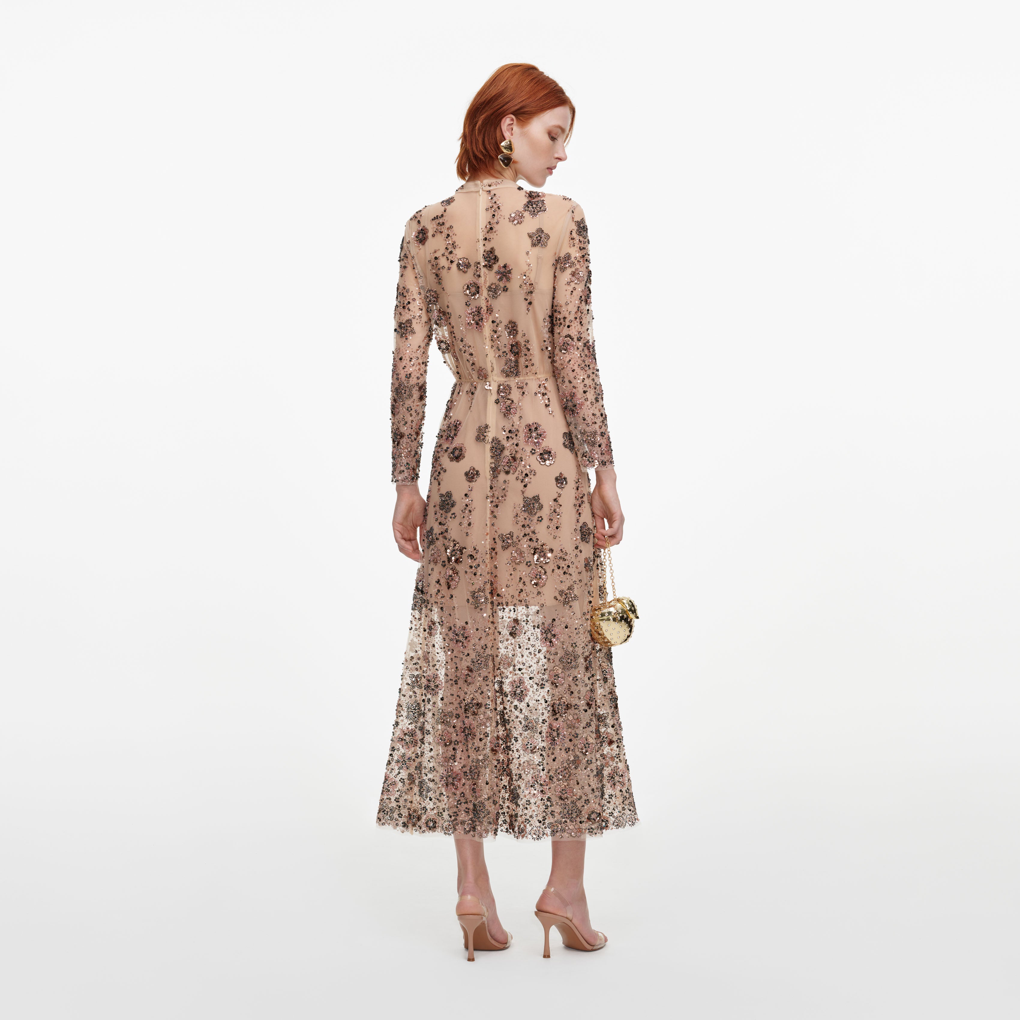 Self Portrait Beige Sequin Midi Kleid Pailletten Abendkleid