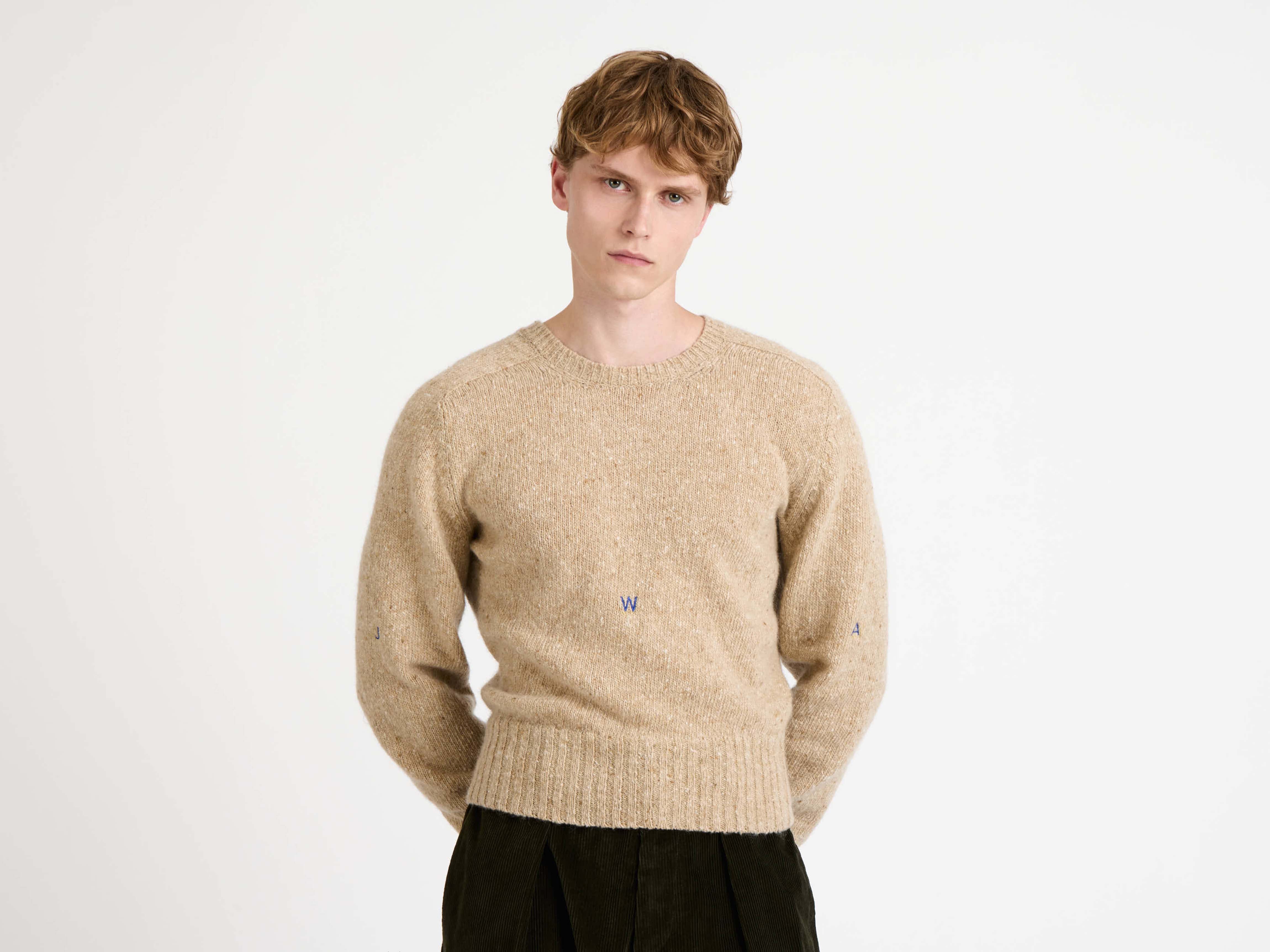 J.W.Anderson Knitwear Sleeve Embroidered Crew Pullover oatmeal melange