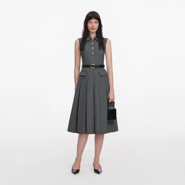 Self Portrait Grey Tailored Pleated Midi Kleid Grau Wolle